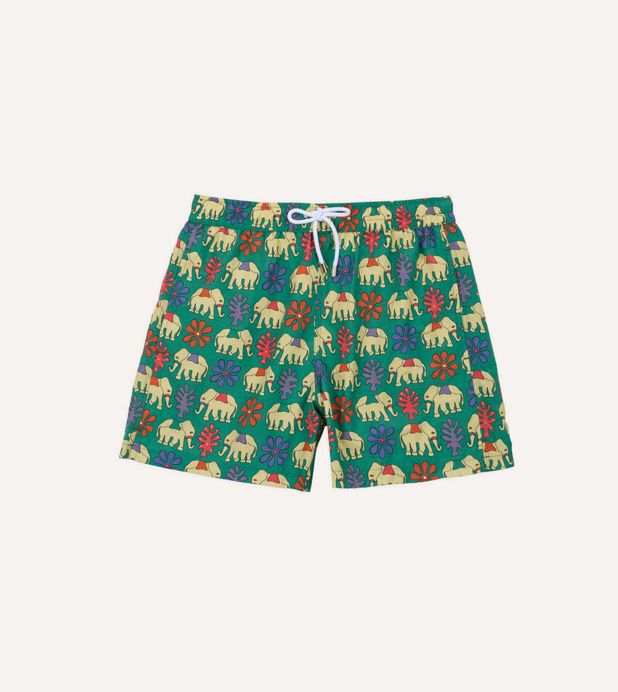 Elephant Print Nylon Drawstring Swim Shorts