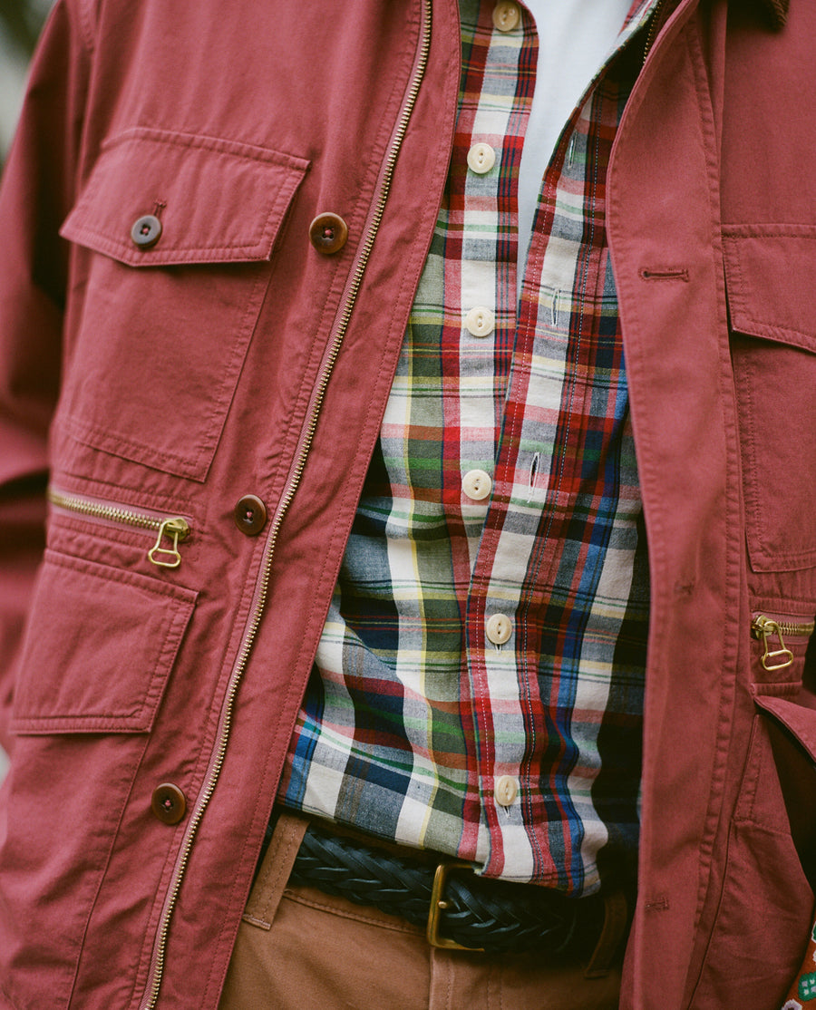 Navy and Red Check Cotton-Linen Two-Pocket Work Shirt