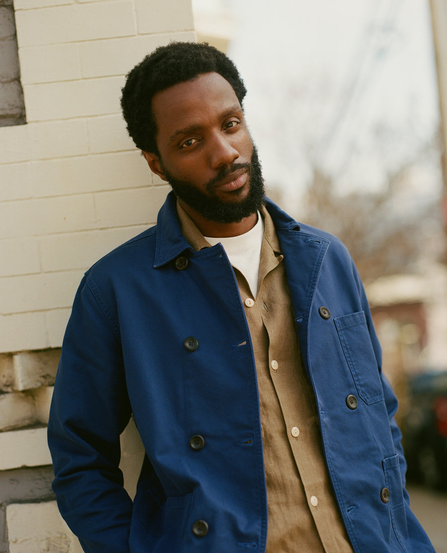 French Blue Cotton Serge Double-Breasted Chore Coat