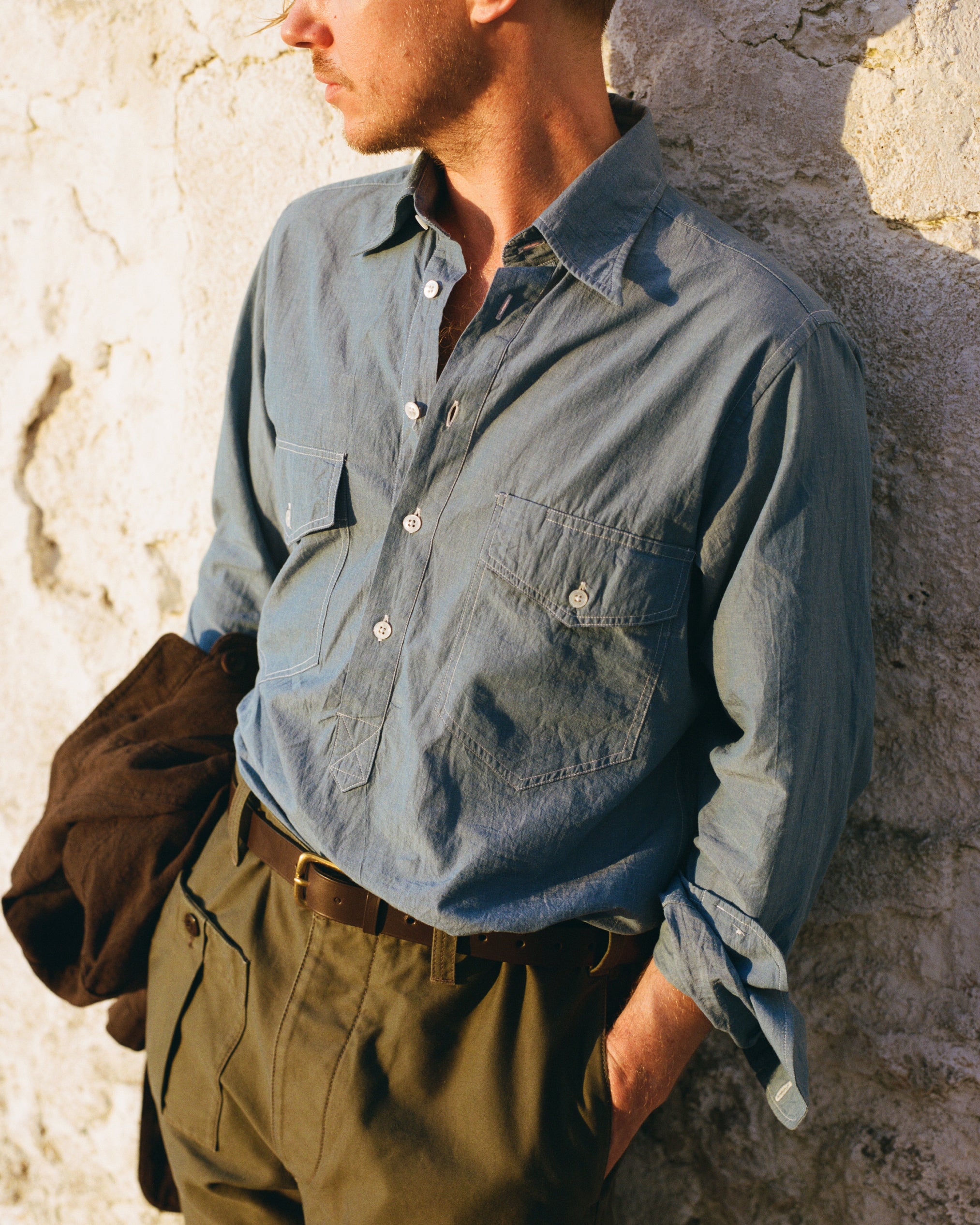 Light Indigo Cotton-Linen Popover Work Shirt