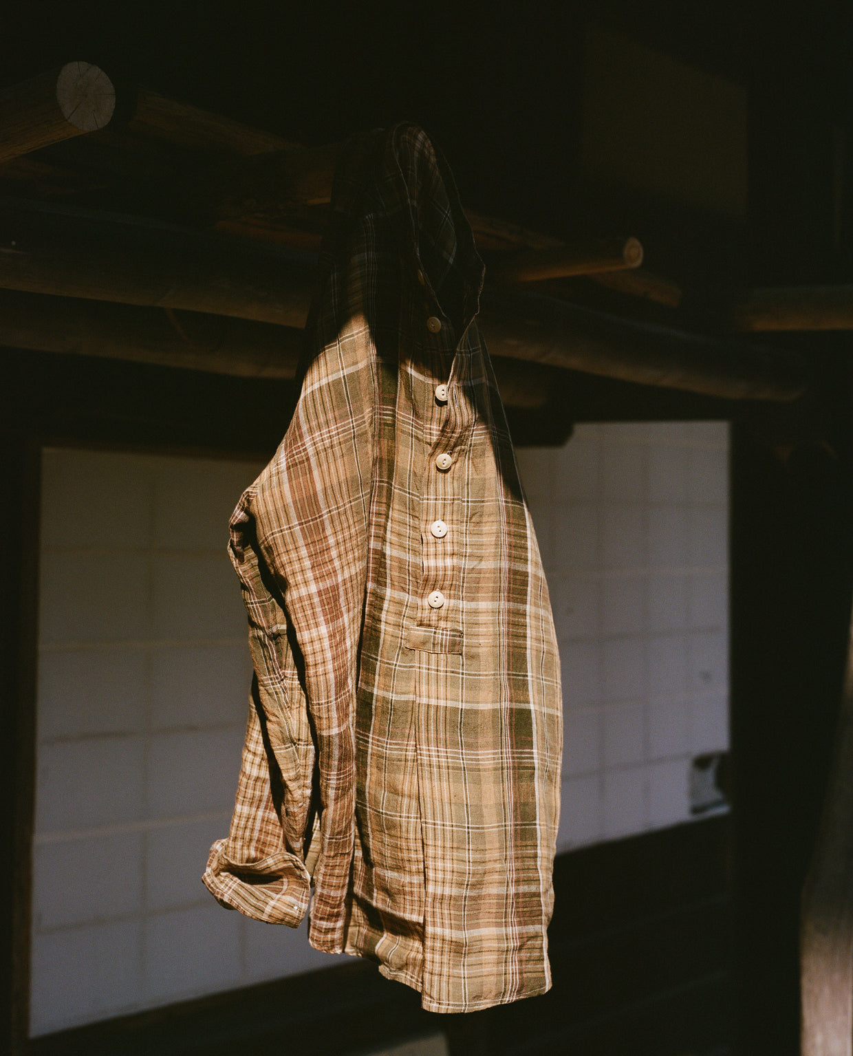Brown Check Linen Mandarin Collar Popover Shirt