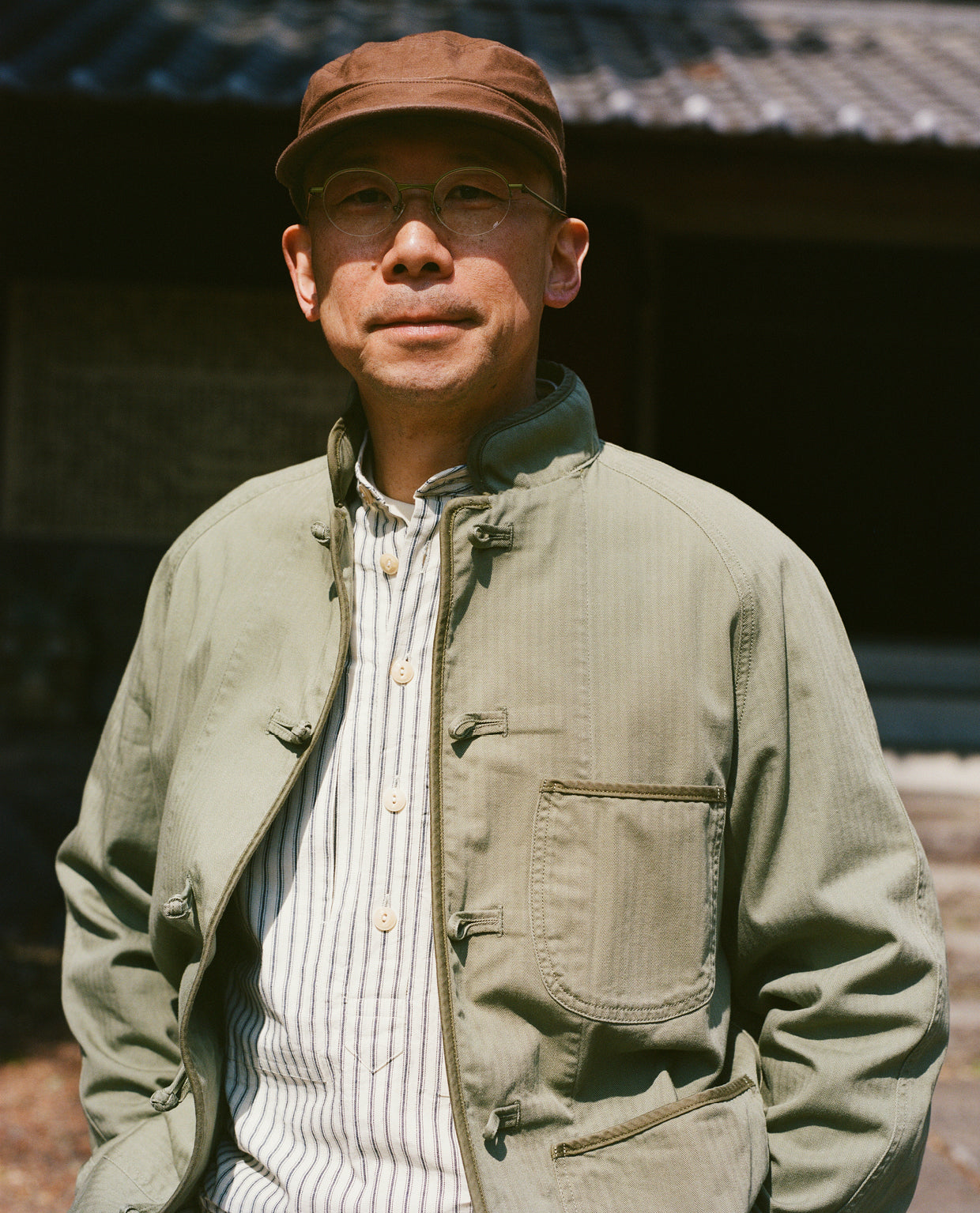 Olive Herringbone Cotton Artist Chore Jacket