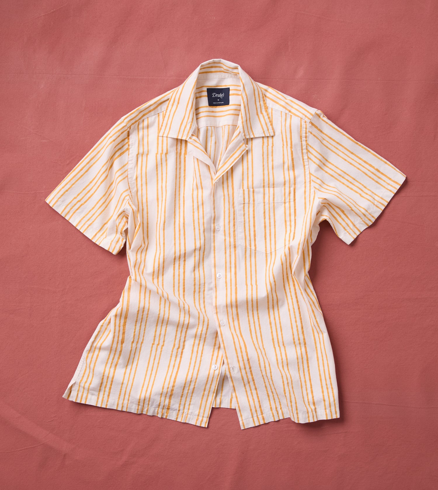 Yellow Triple Stripe Block Print Cotton Camp Collar Short Sleeve Shirt