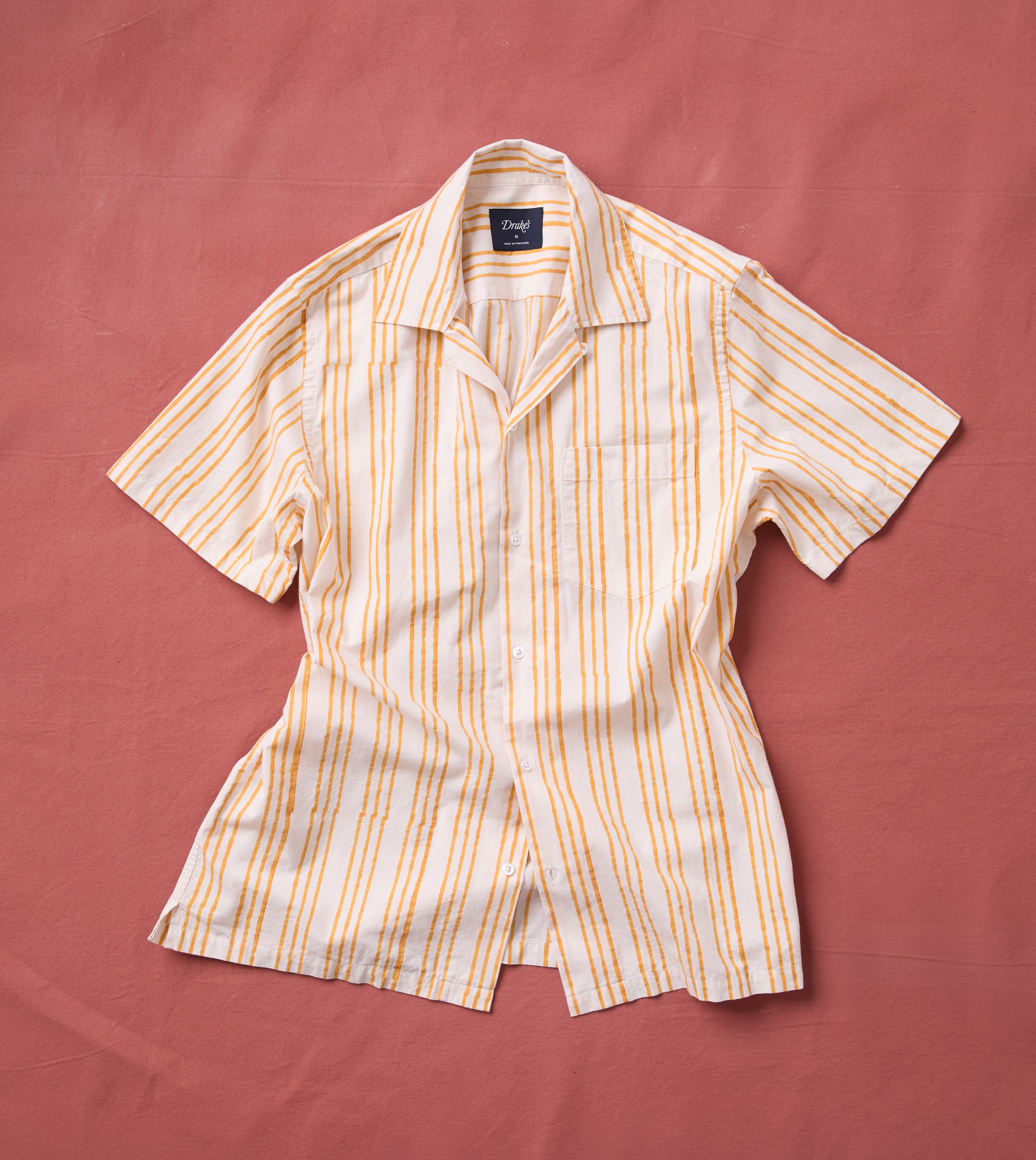 Yellow Triple Stripe Block Print Cotton Camp Collar Short Sleeve Shirt