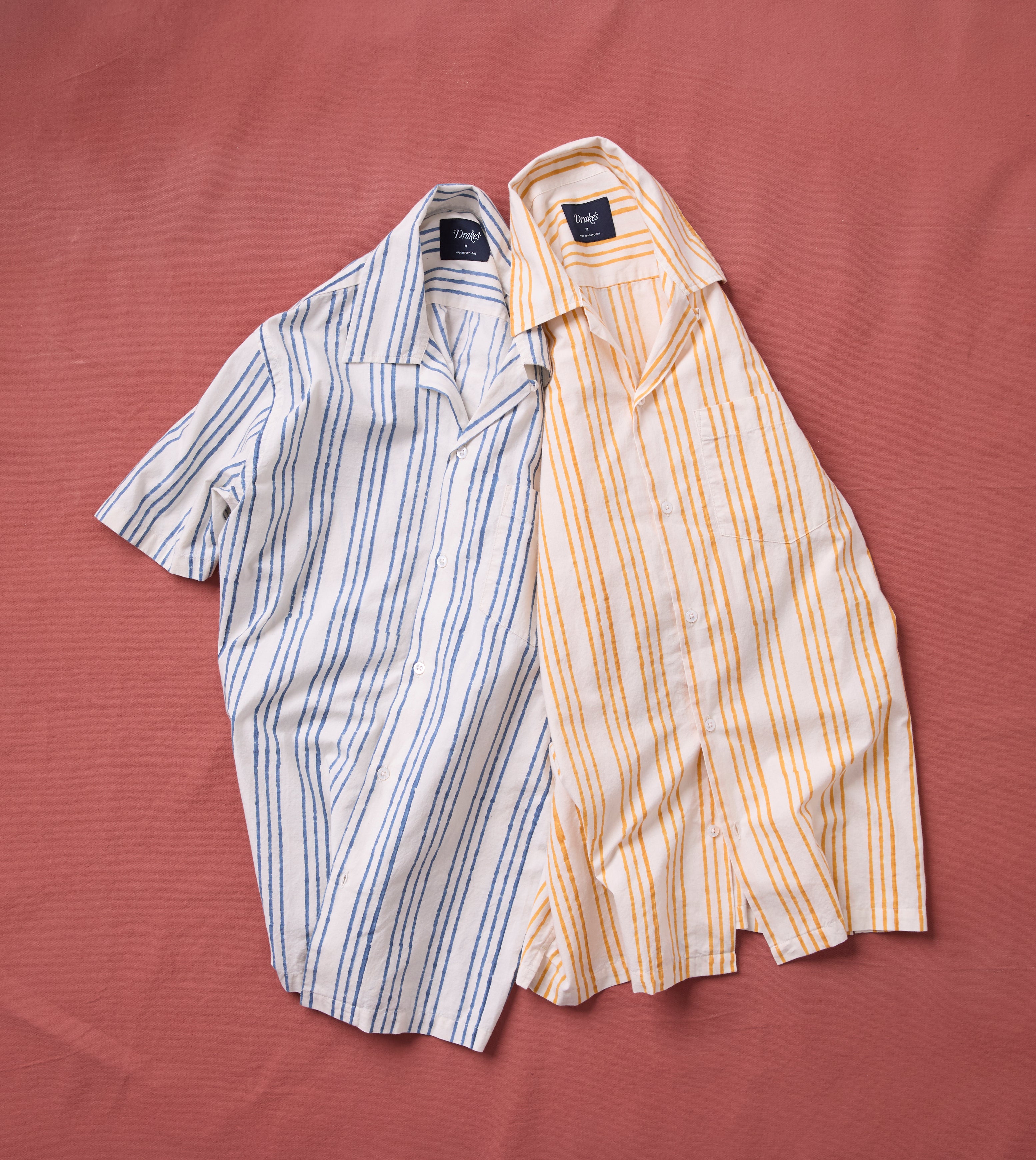 Indigo Triple Stripe Block Print Cotton Camp Collar Short Sleeve Shirt
