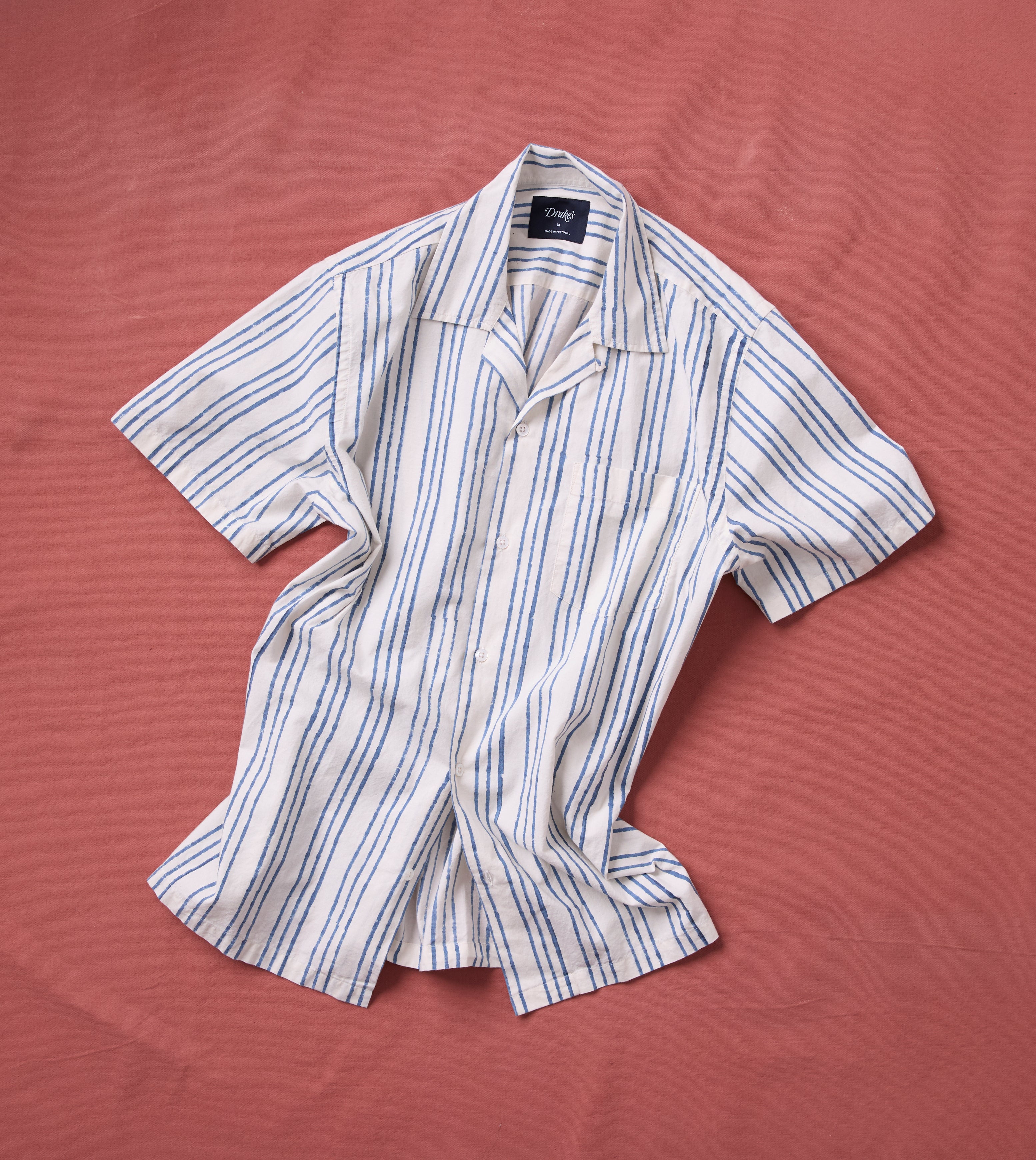 Indigo Triple Stripe Block Print Cotton Camp Collar Short Sleeve