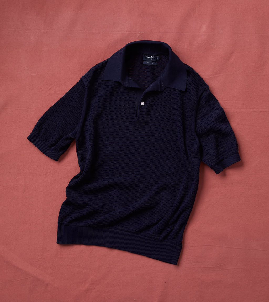 Navy Waffle Knit Cotton Short-Sleeve Polo Shirt – Drakes US