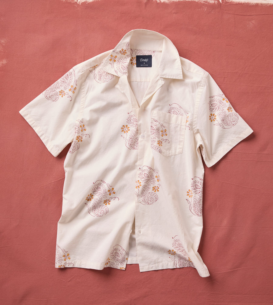 Ecru Floral Block Print Cotton Camp Collar Short Sleeve Shirt
