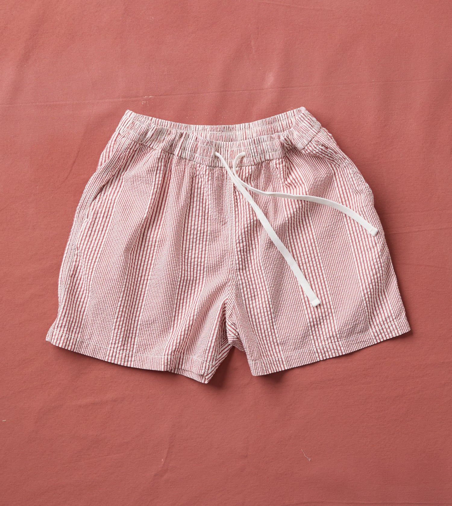 Red Stripe Seersucker Cotton Drawstring Shorts