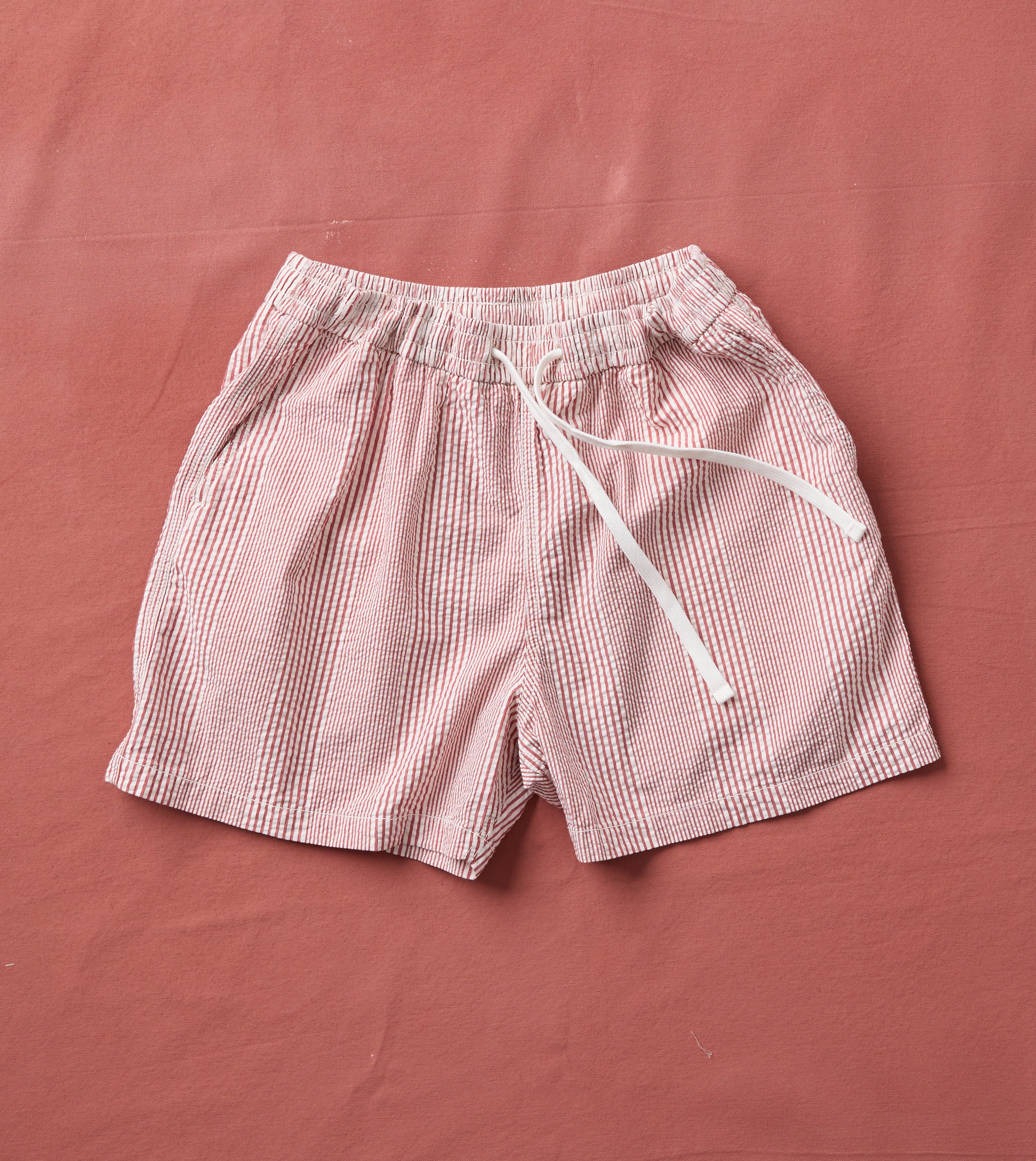 Red Stripe Seersucker Cotton Drawstring Shorts