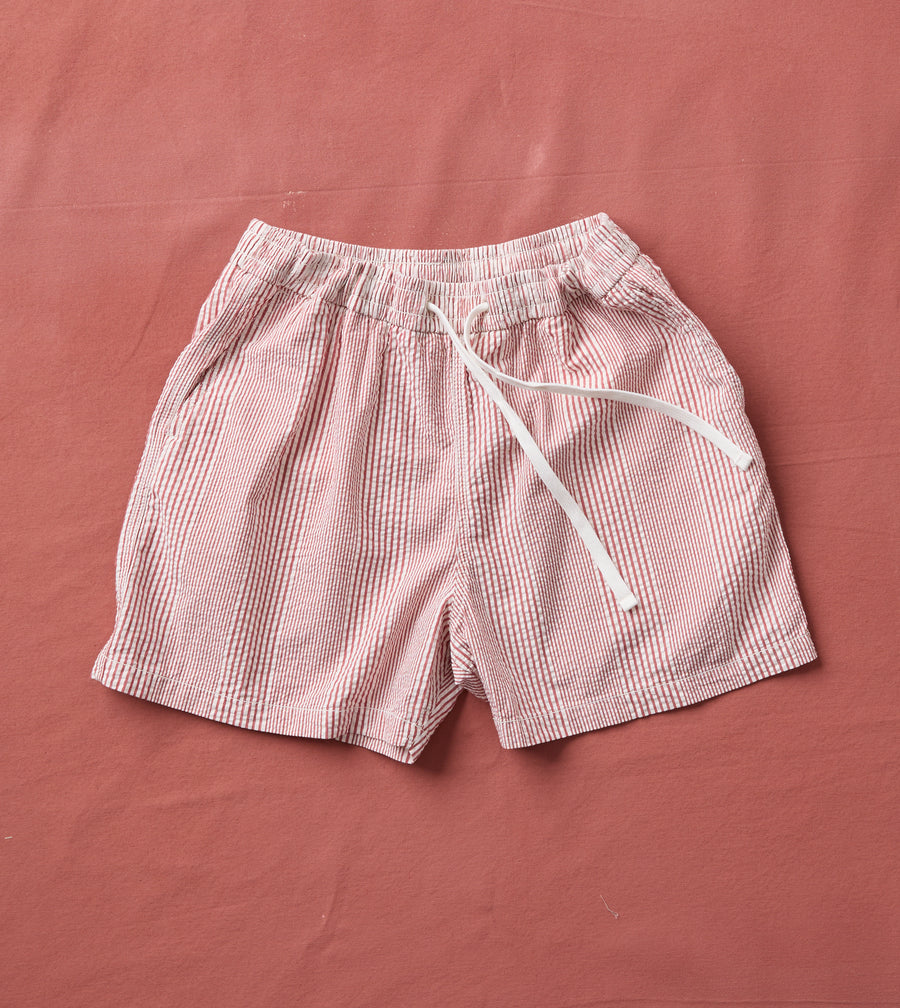Red Stripe Seersucker Cotton Drawstring Shorts