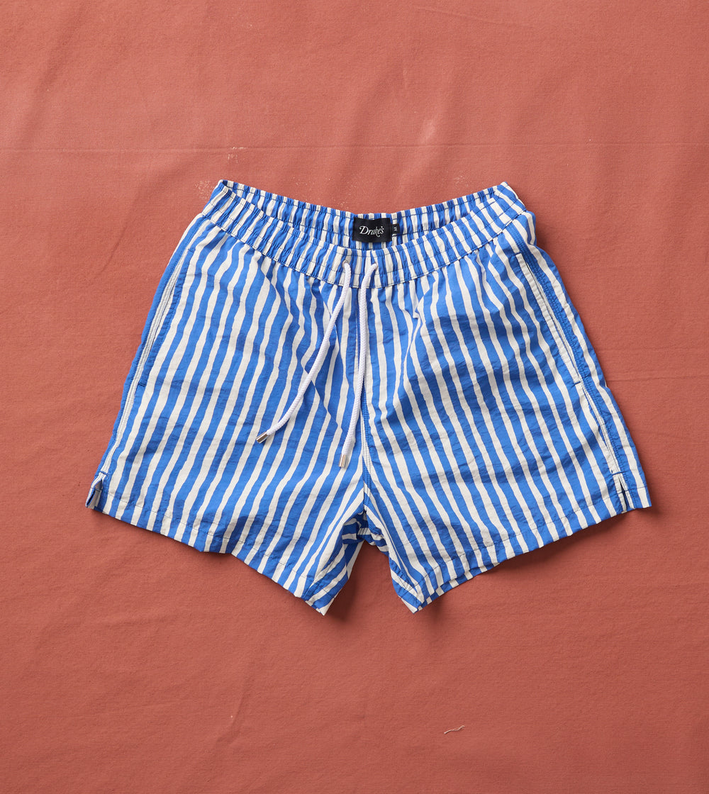 Blue Stripe Print Nylon Drawstring Swim Shorts