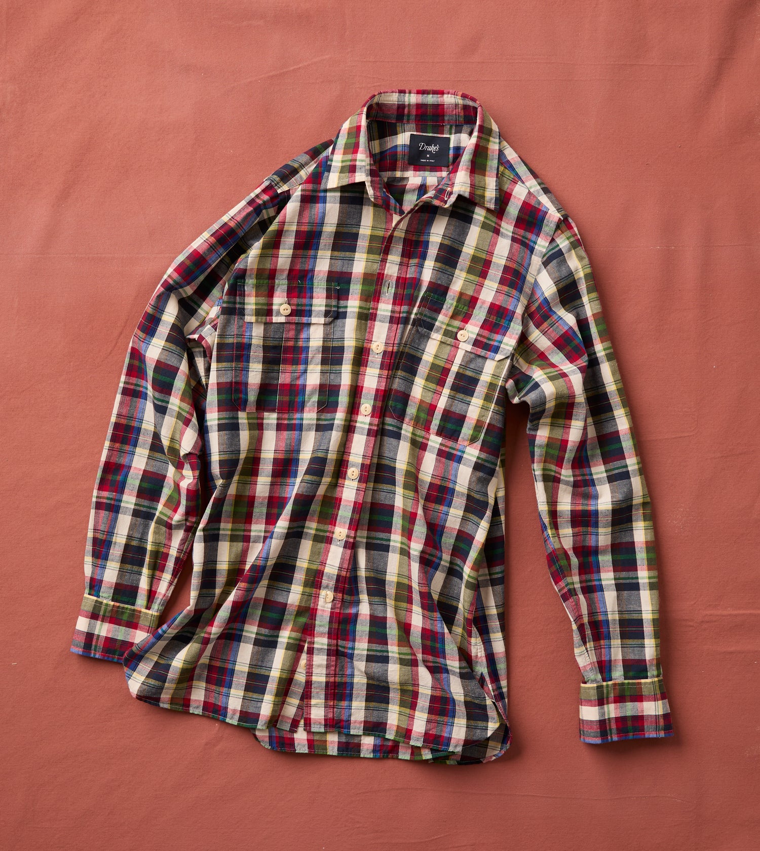 Navy and Red Check Cotton-Linen Two-Pocket Work Shirt