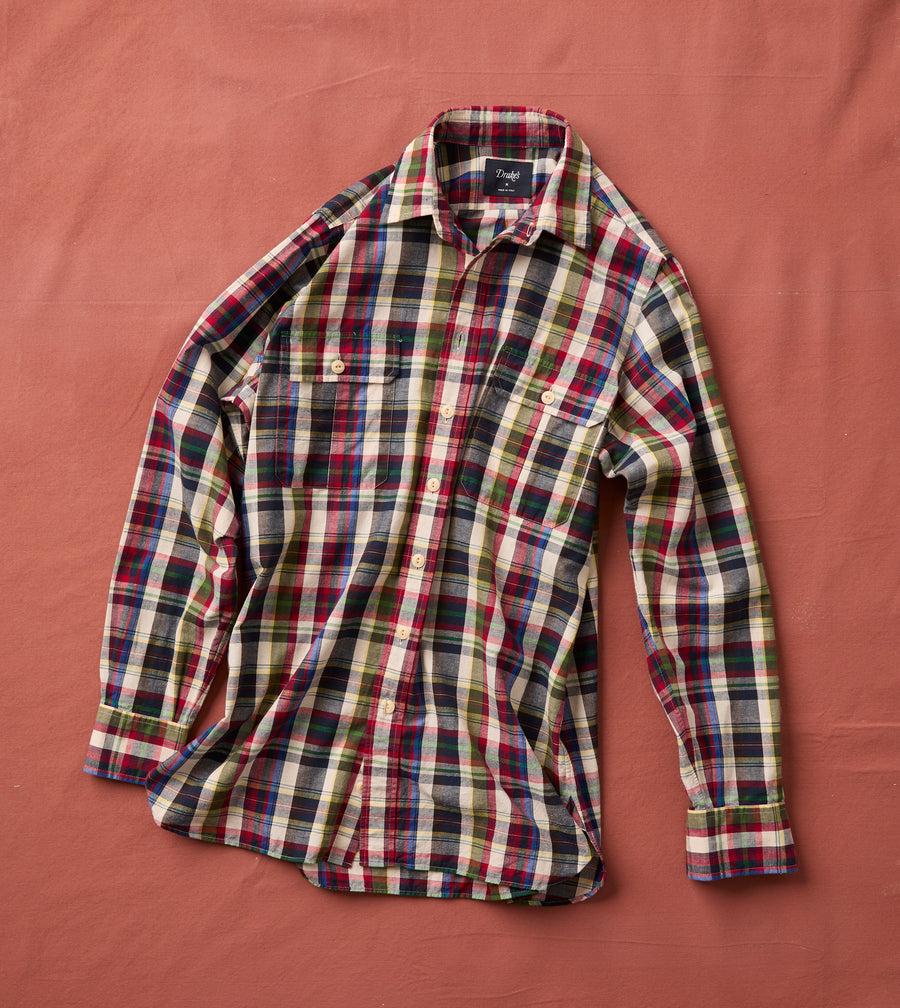 Navy and Red Check Cotton-Linen Two-Pocket Work Shirt