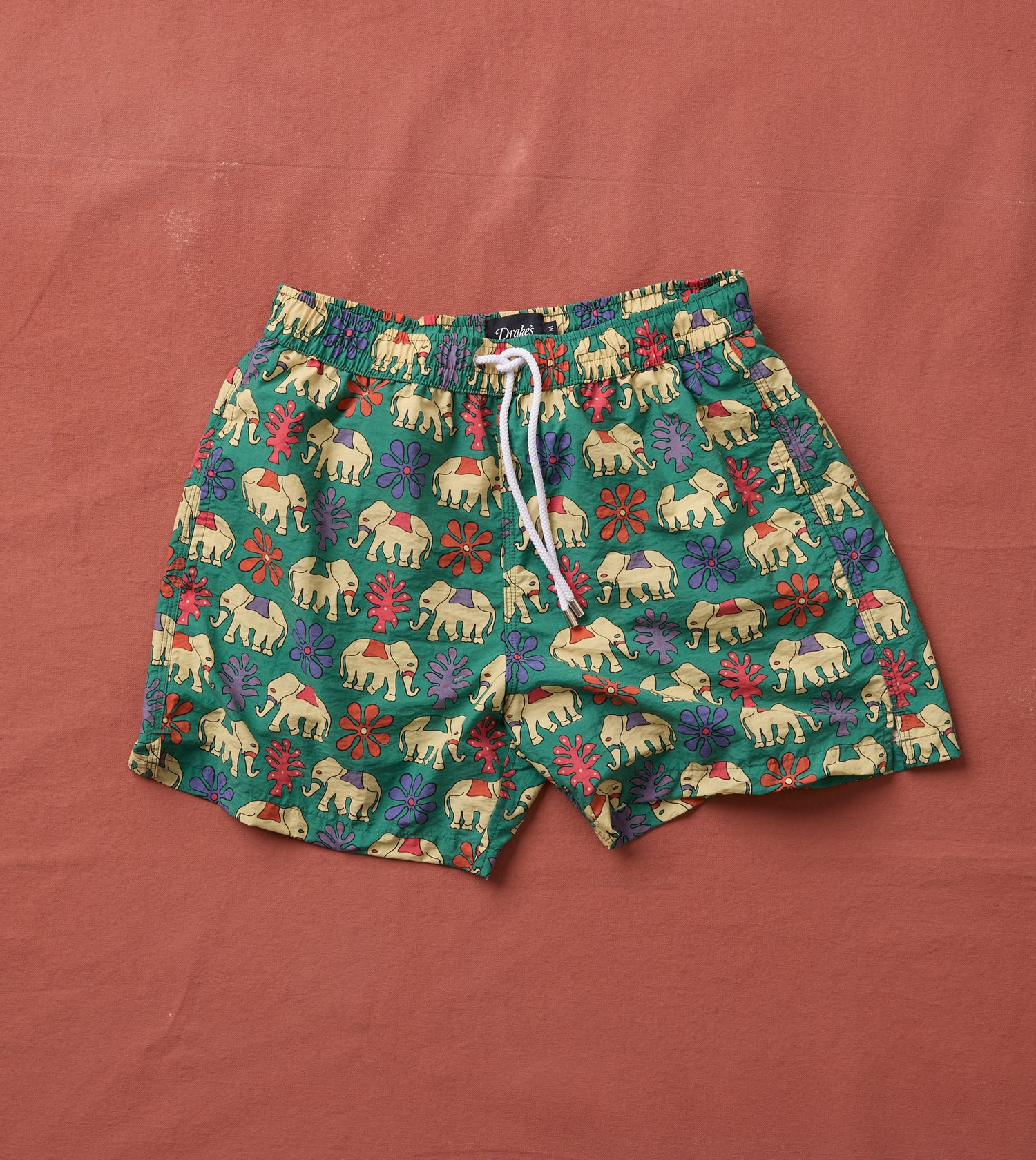 Elephant Print Nylon Drawstring Swim Shorts