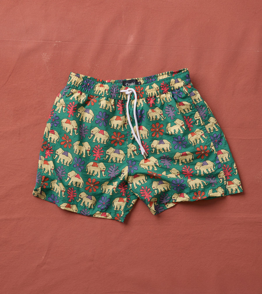 Elephant Print Nylon Drawstring Swim Shorts
