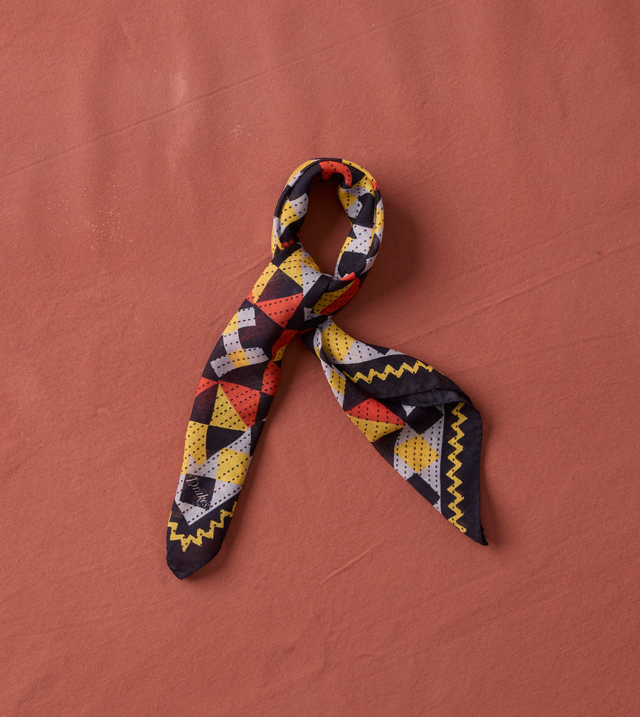 Navy Patchwork Print Wool-Silk Bandana