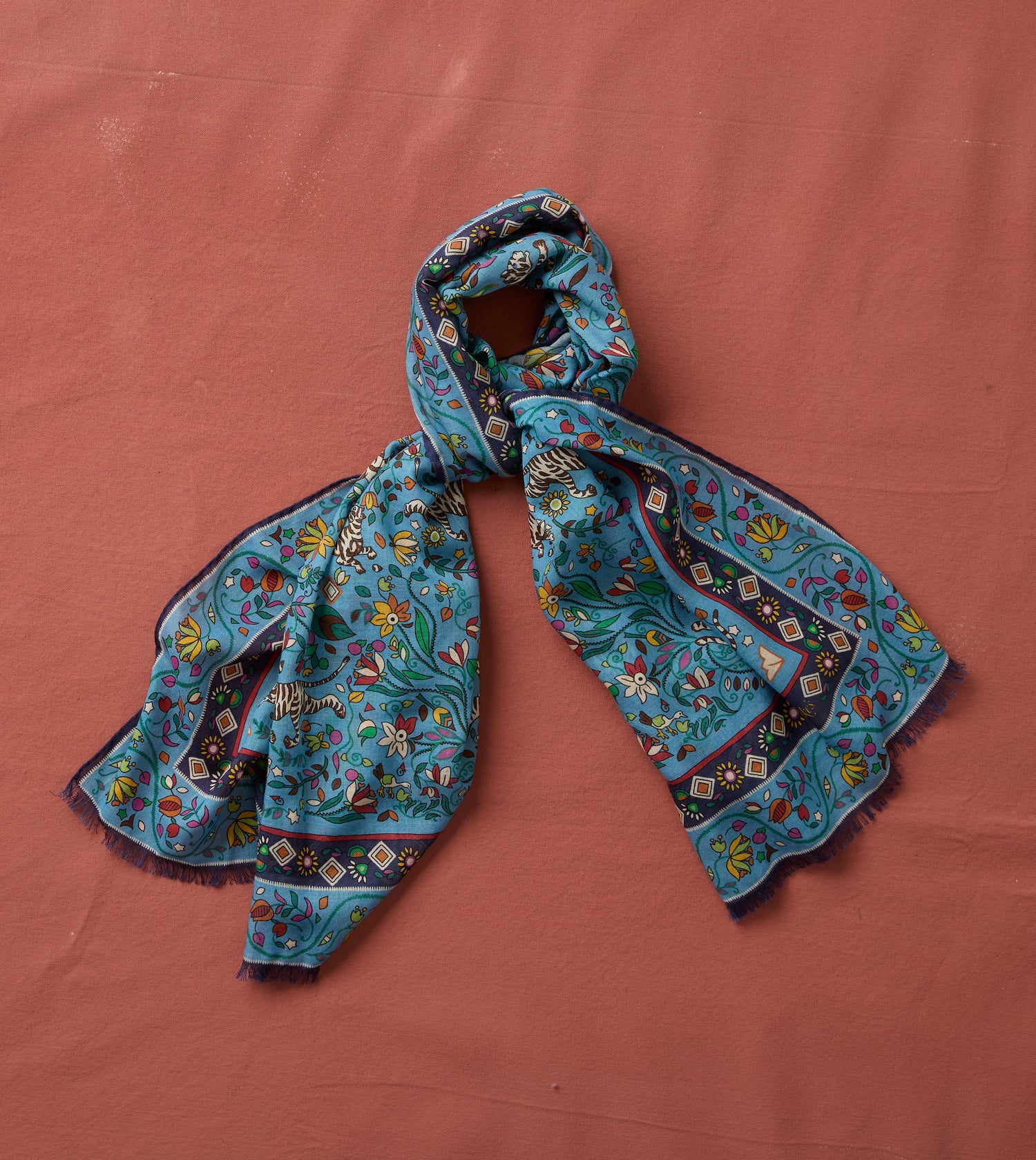 Blue Tiger Garden Print Wool Silk Scarf