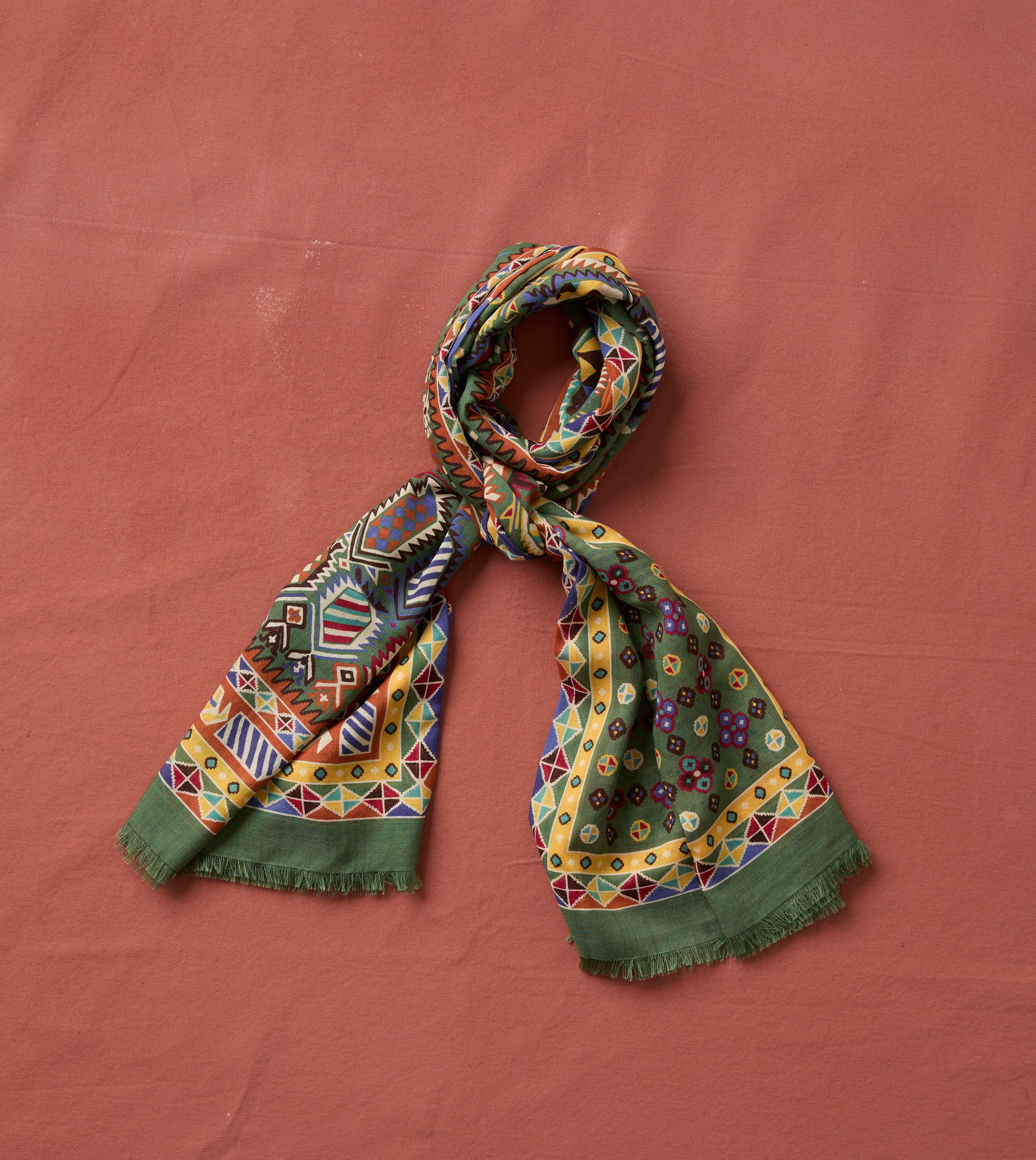 Olive Rug Print Tubular Wool-Silk Scarf