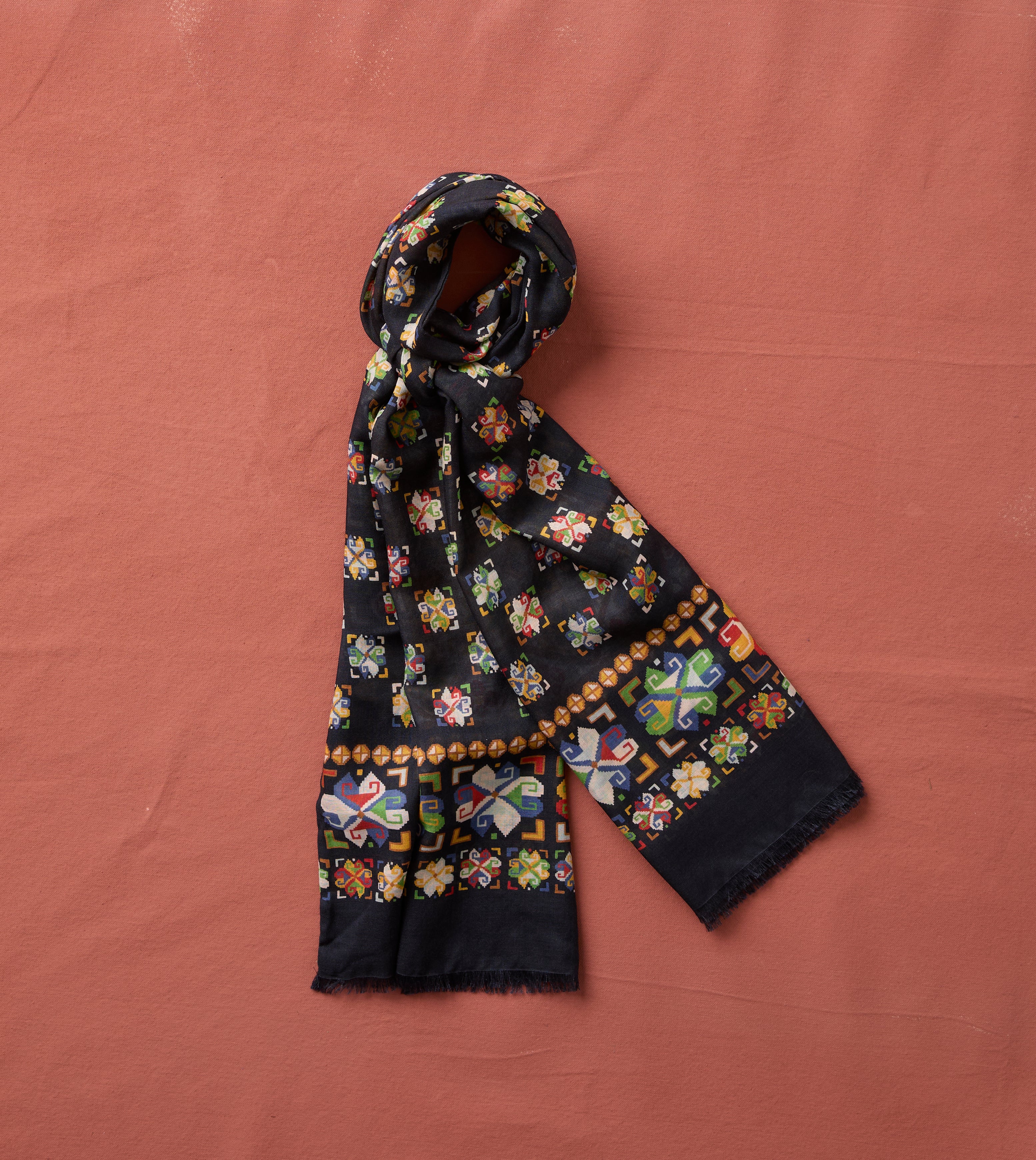 Navy Carpet Print Tubular Wool-Silk Scarf