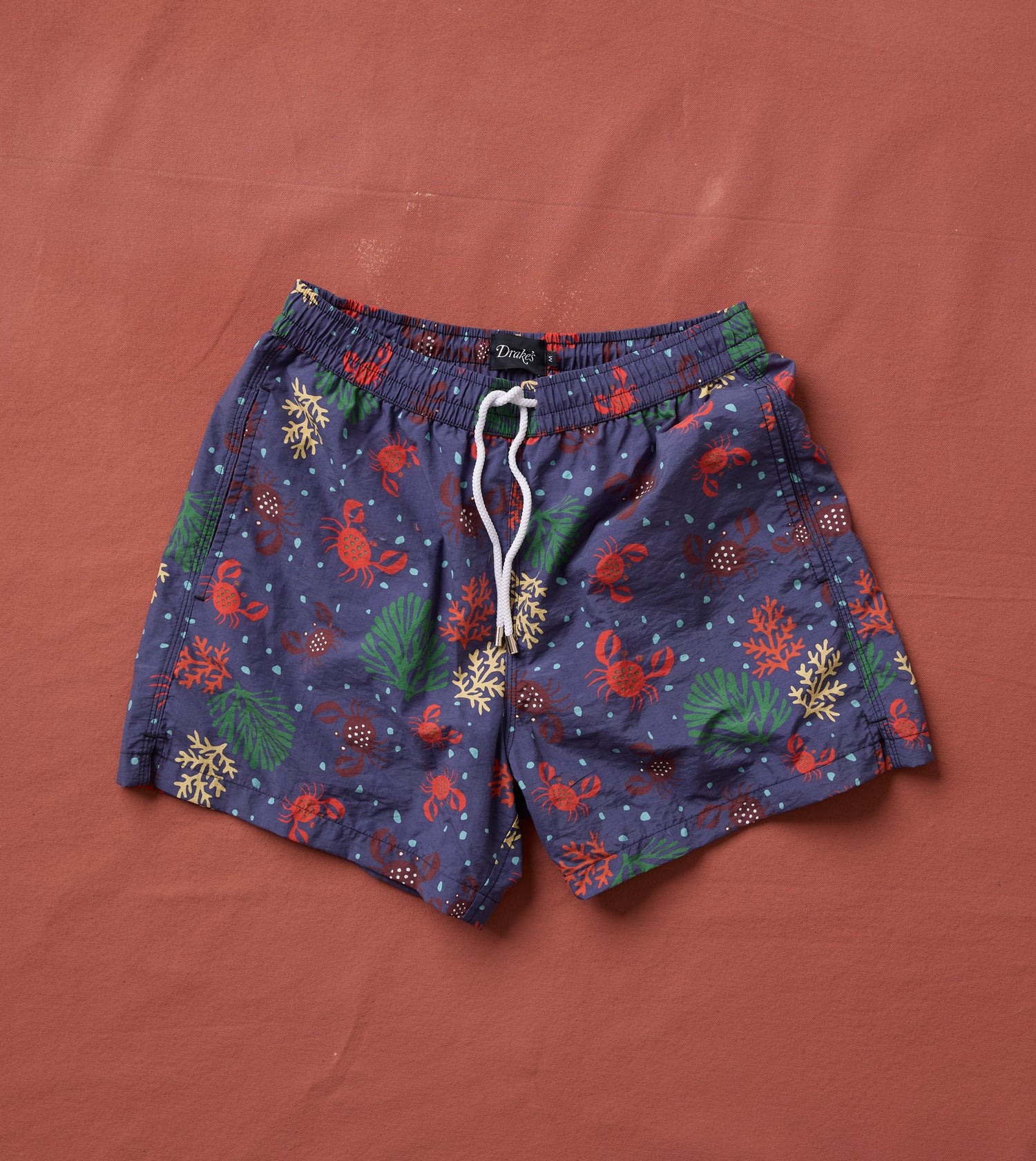 Crab Print Nylon Drawstring Swim Shorts
