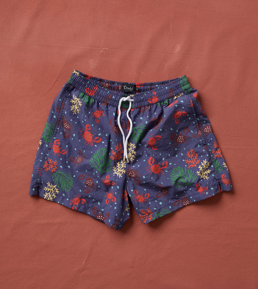 Crab Print Nylon Drawstring Swim Shorts