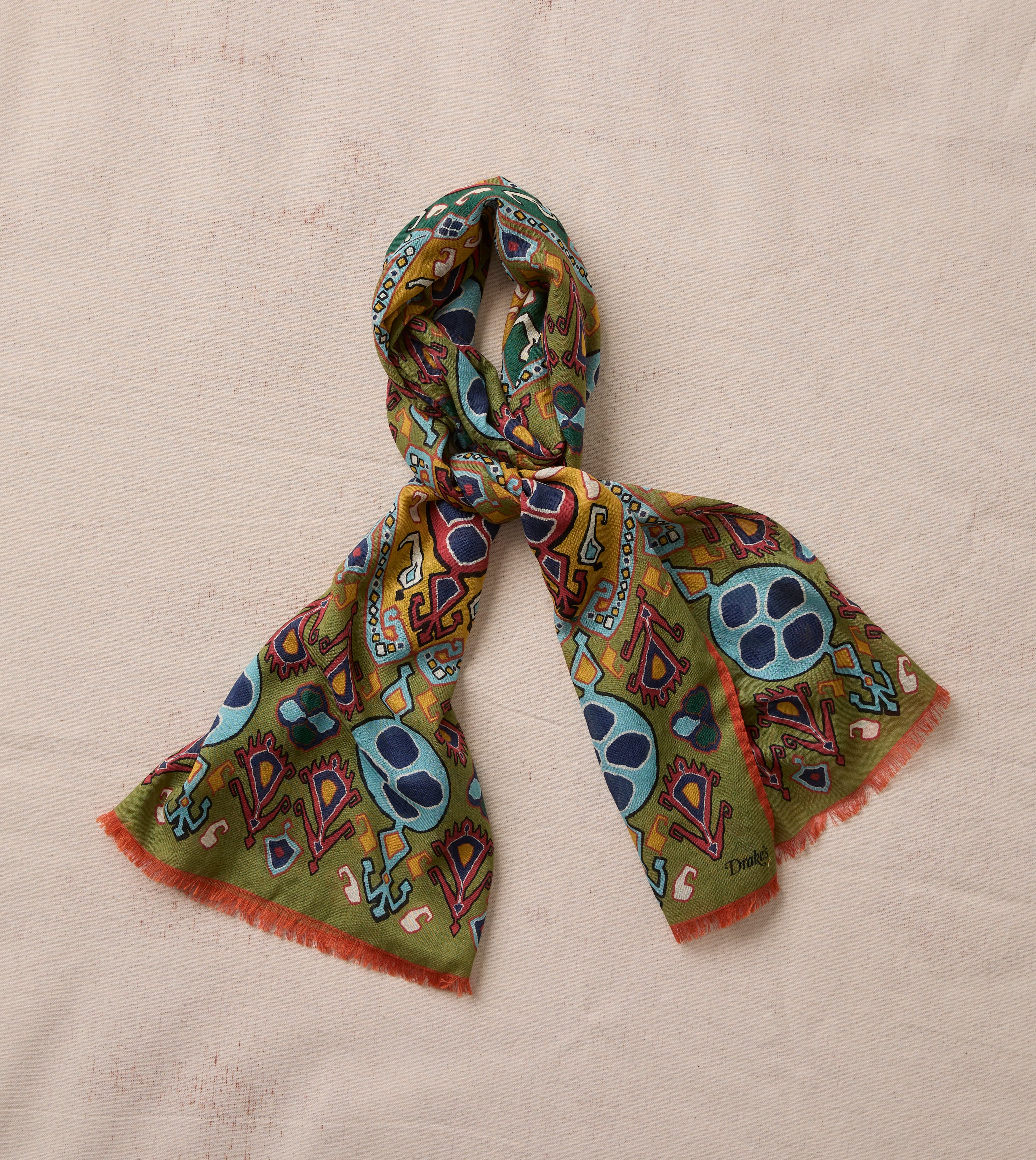 Olive Tapestry Print Wool Silk Scarf