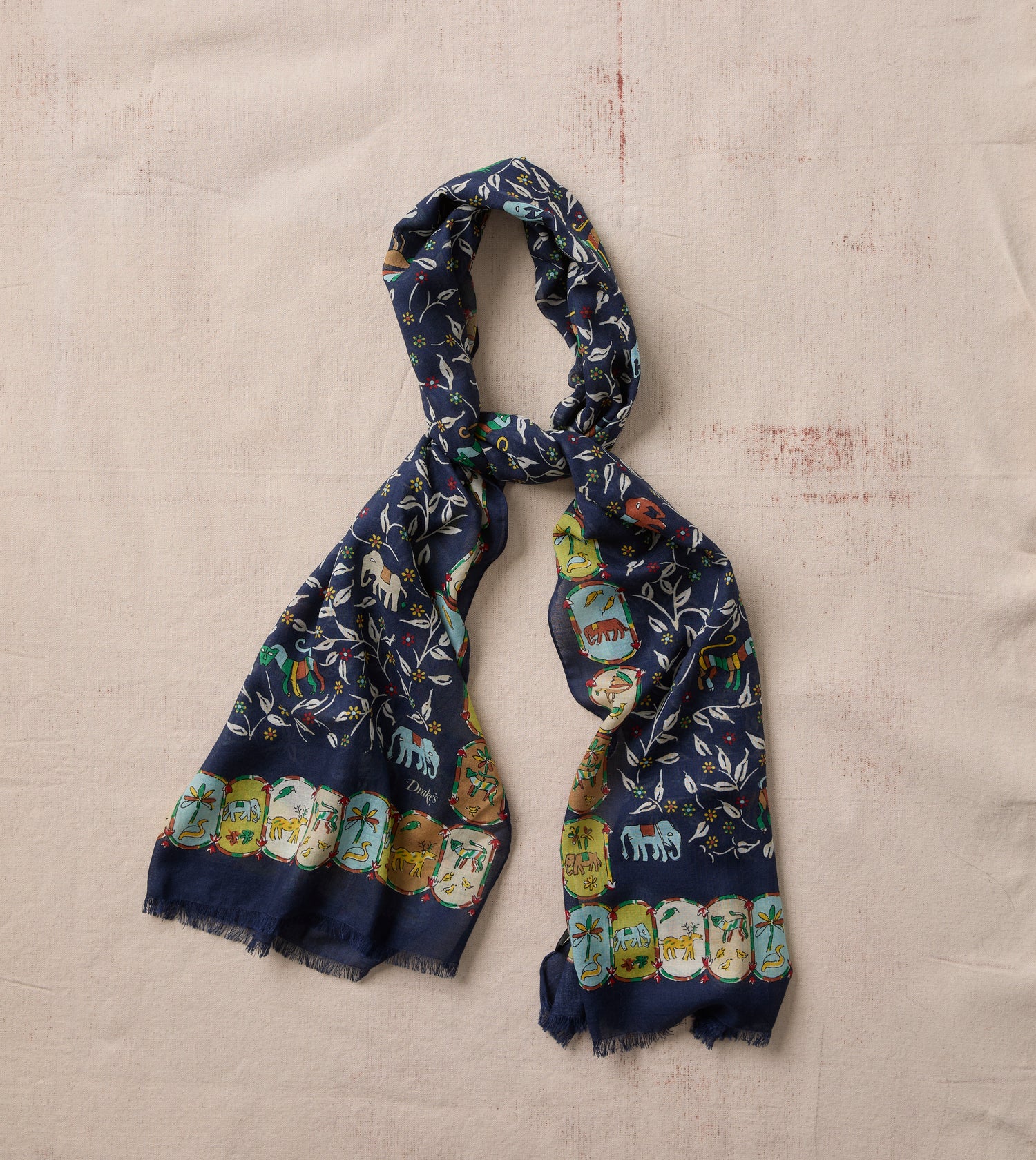 Navy Loose Animal Print Wool-Silk Scarf