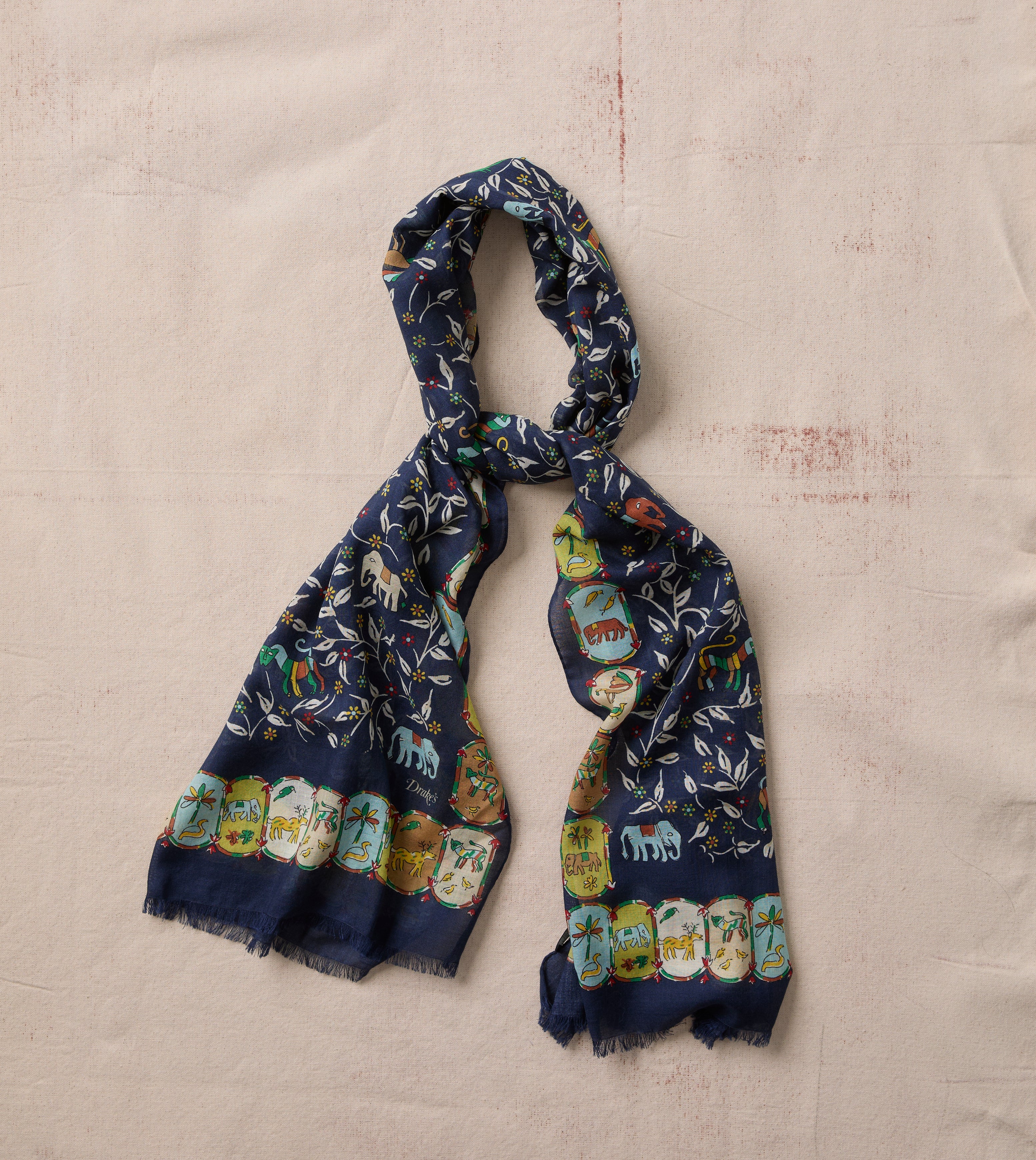 Navy Loose Animal Print Wool-Silk Scarf