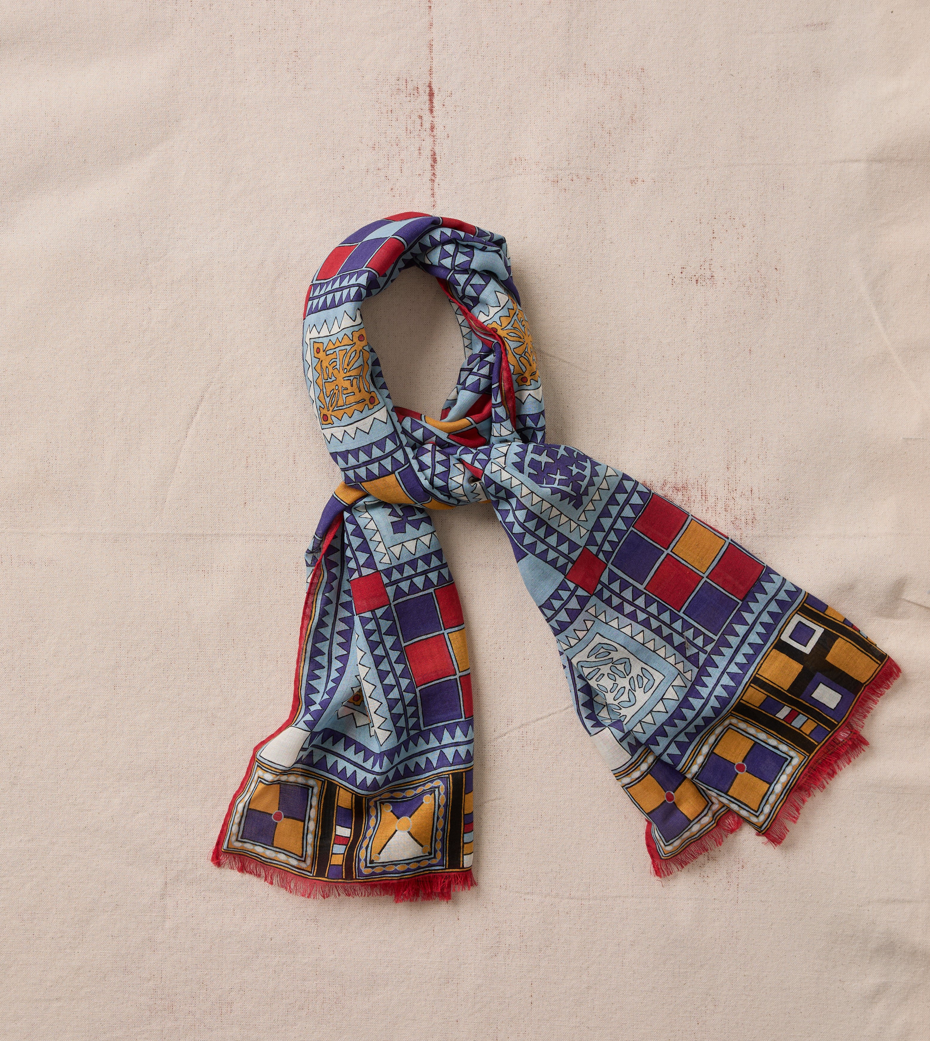 Blue Geometric Print Wool Silk Scarf