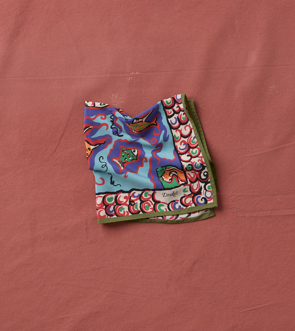 Teal Fish Print Silk Pocket Square