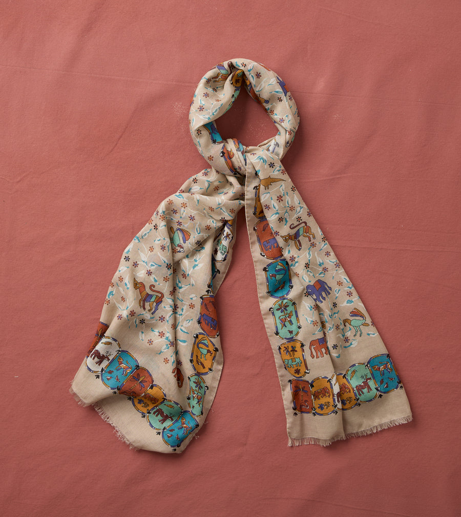 Ecru Loose Animal Print Wool-Silk Scarf
