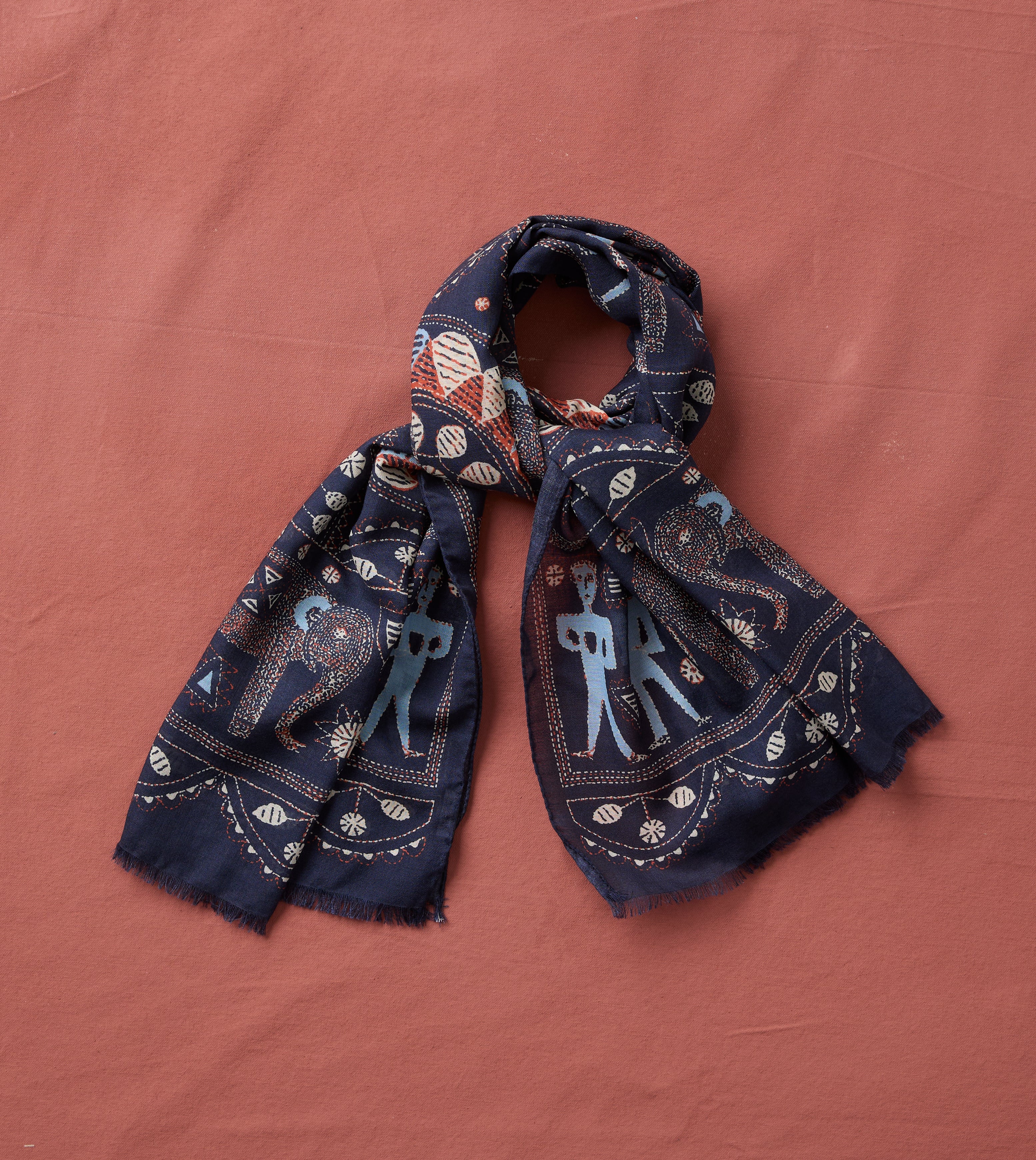 Navy Embroidered Elephant Print Wool Silk Scarf
