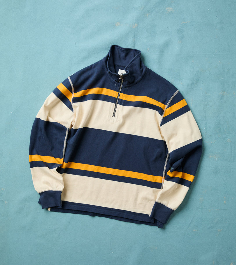 Navy and Yellow Stripe Cotton Quarter Zip Rugby Shirt