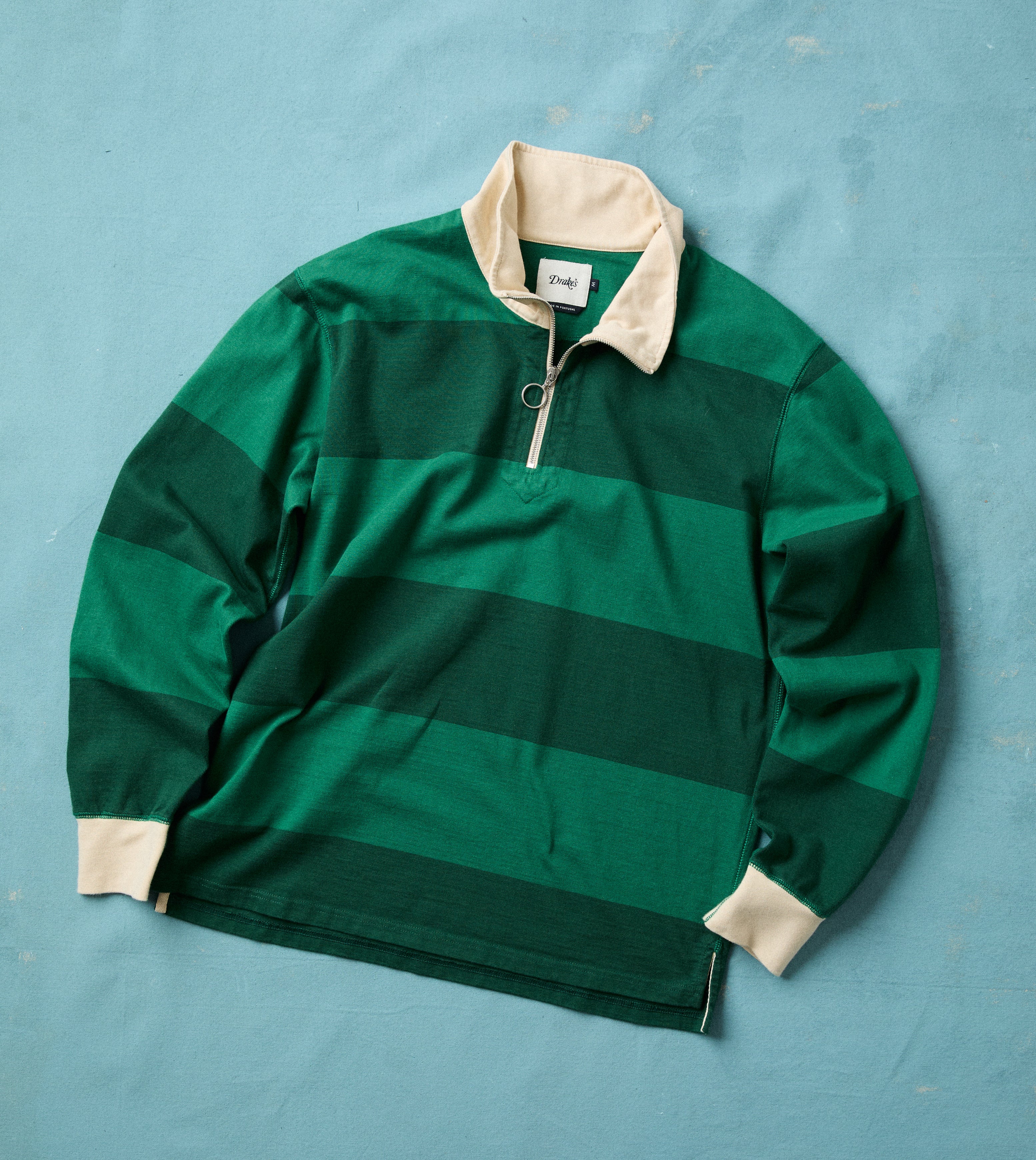 Green Block Stripe Cotton Quarter Zip Rugby Shirt – Drakes US