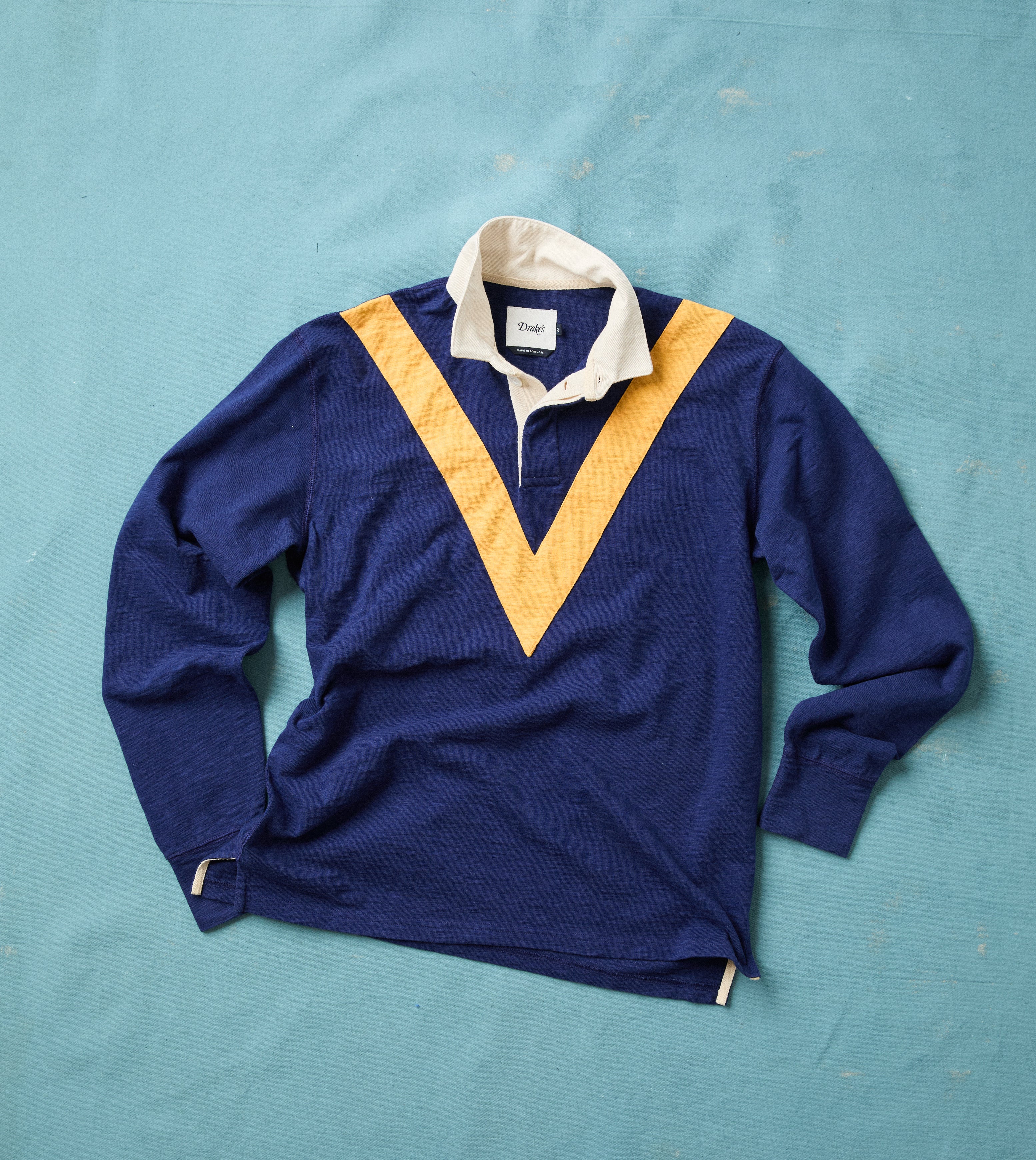 Navy and Yellow Chevron Flamé Cotton Rugby Shirt – Drakes US