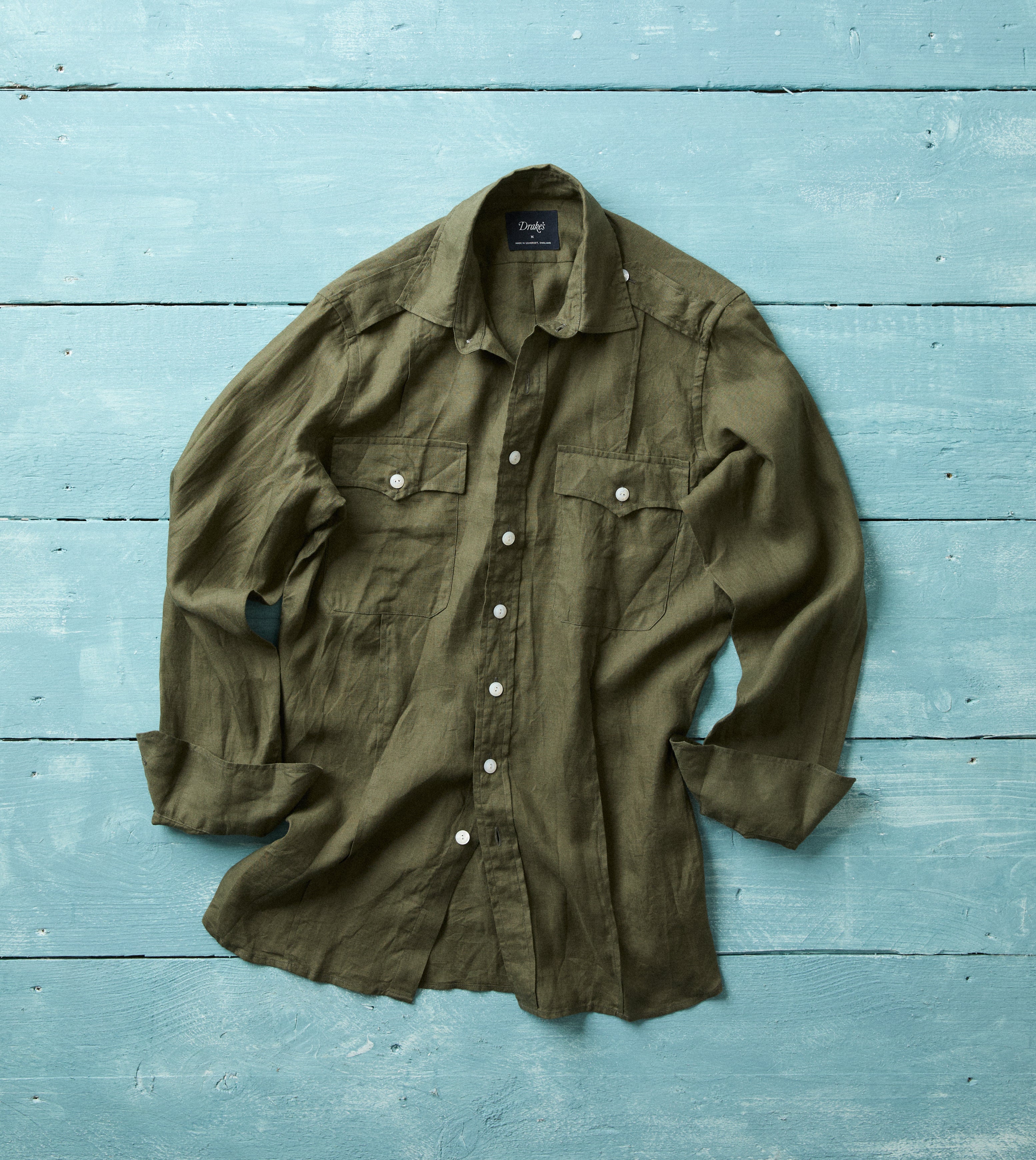 Khaki Linen Pintuck Military Shirt