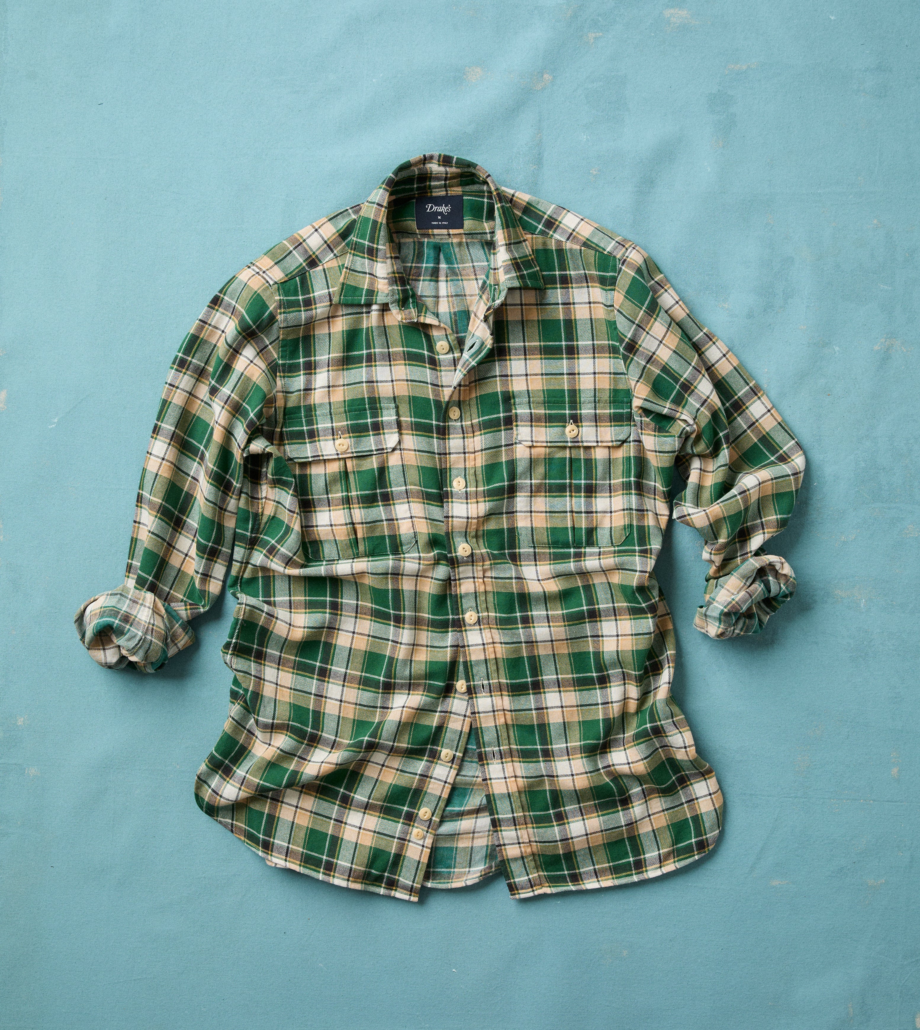 Green Check Cotton Two-Pocket Work Shirt