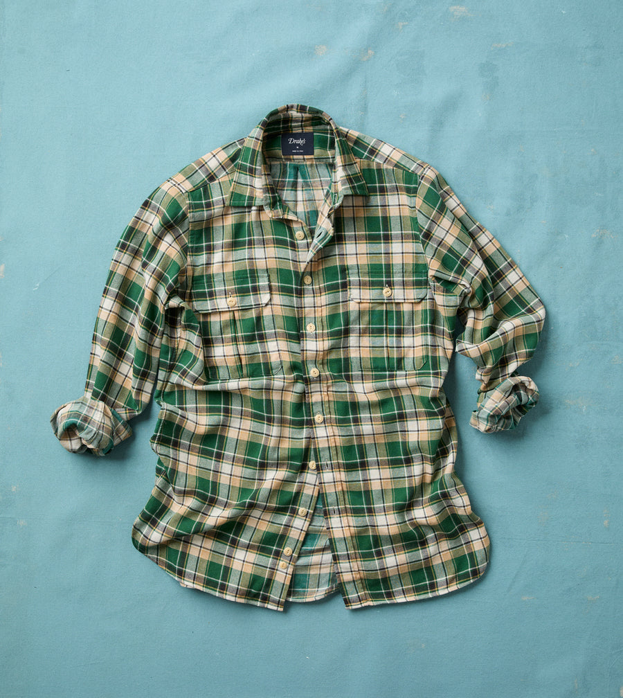 Green Check Cotton Two-Pocket Work Shirt