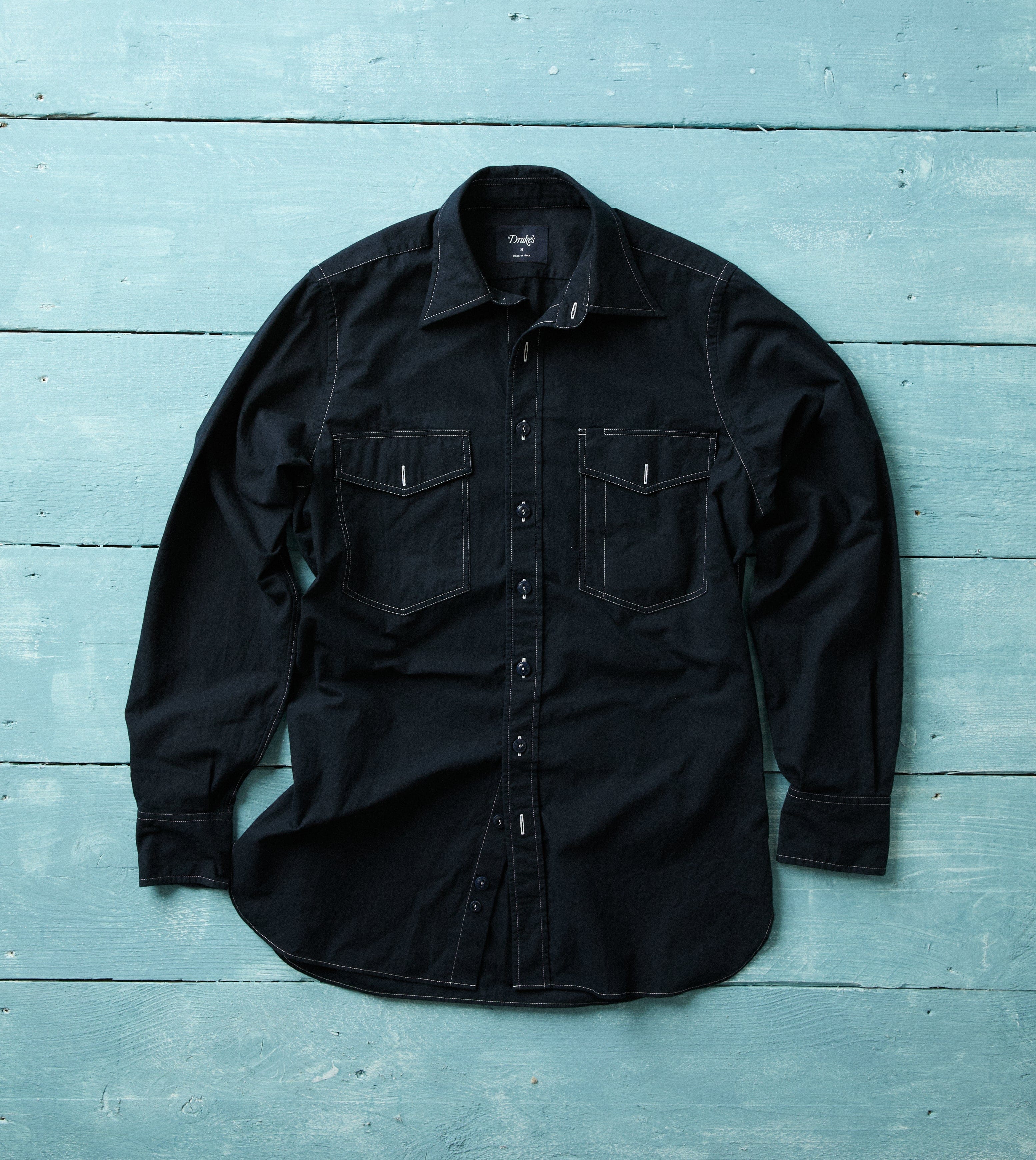 Navy Contrast Stitch Cotton-Linen Two-Pocket Work Shirt – Drakes US