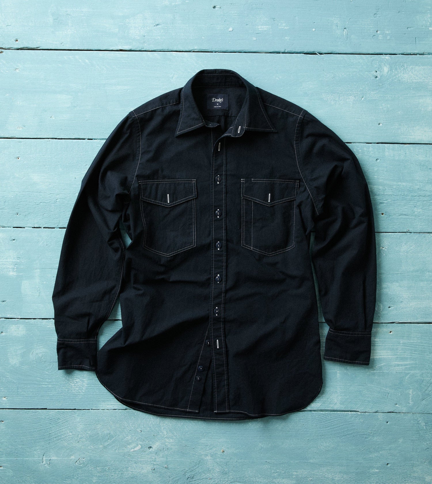 Navy Contrast Stitch Cotton-Linen Two-Pocket Work Shirt