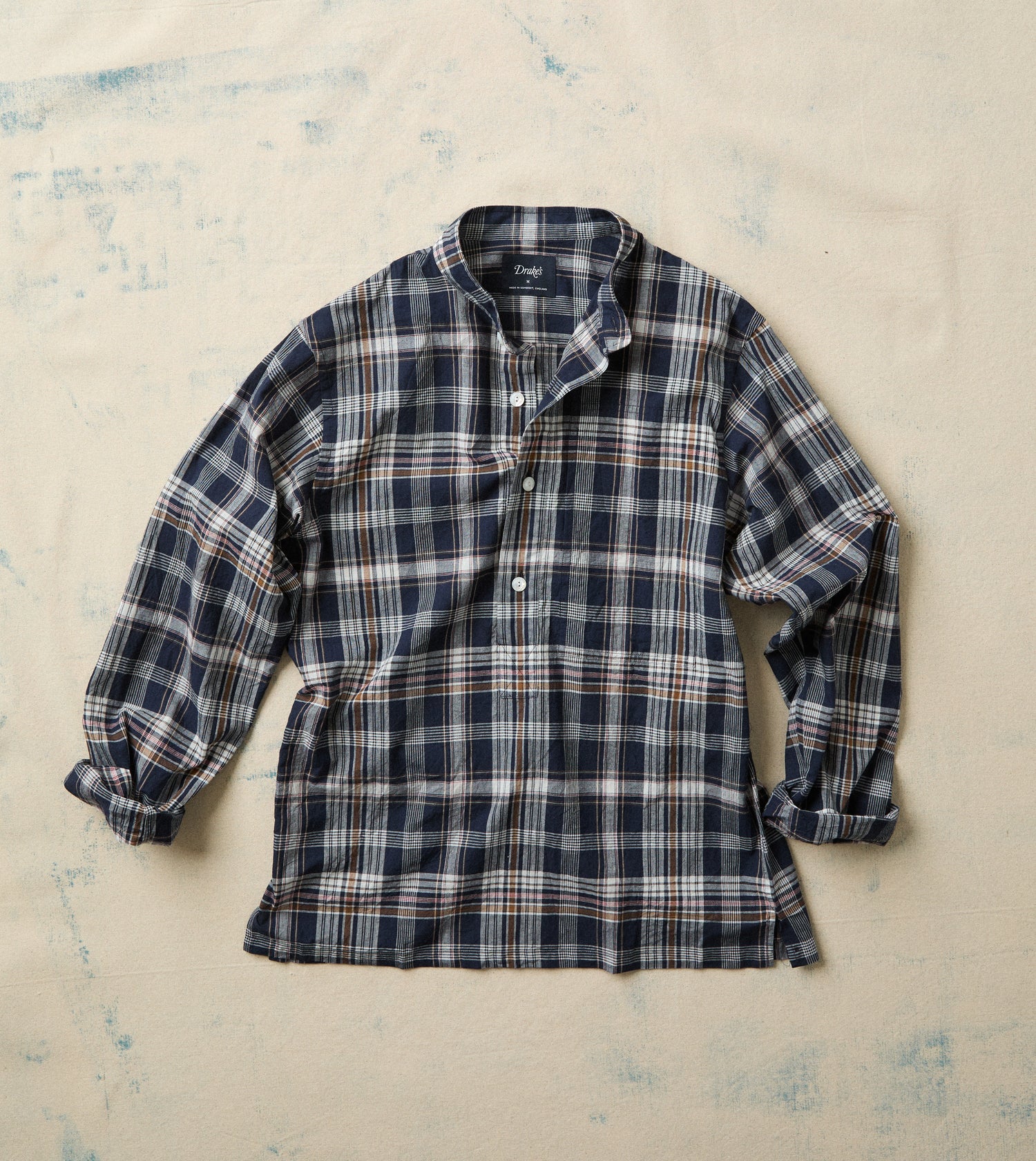 Navy, White and Yellow Madras Check Cotton Mandarin Collar Popover Shirt