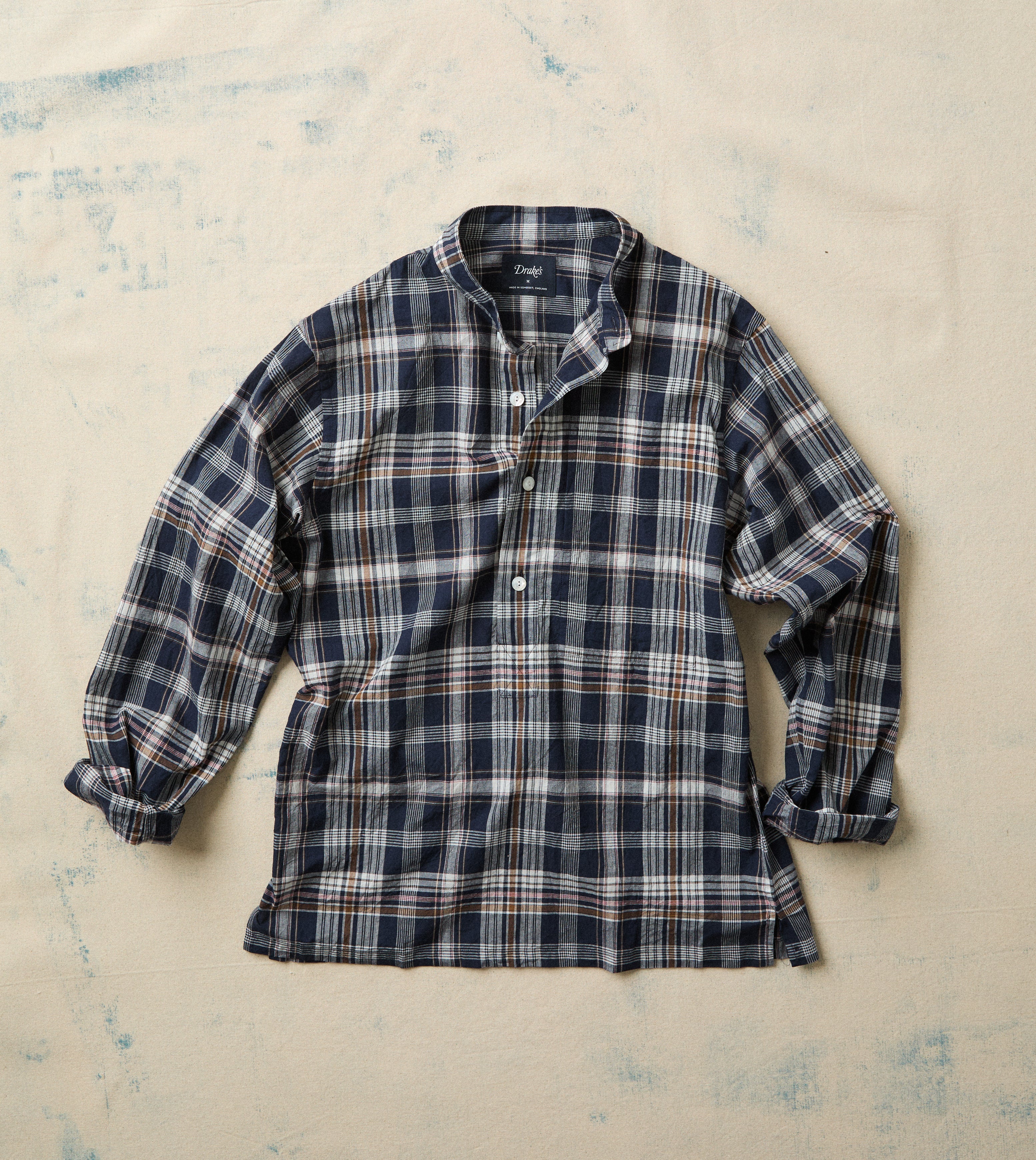 Navy, White and Yellow Madras Check Cotton Mandarin Collar Popover Shirt