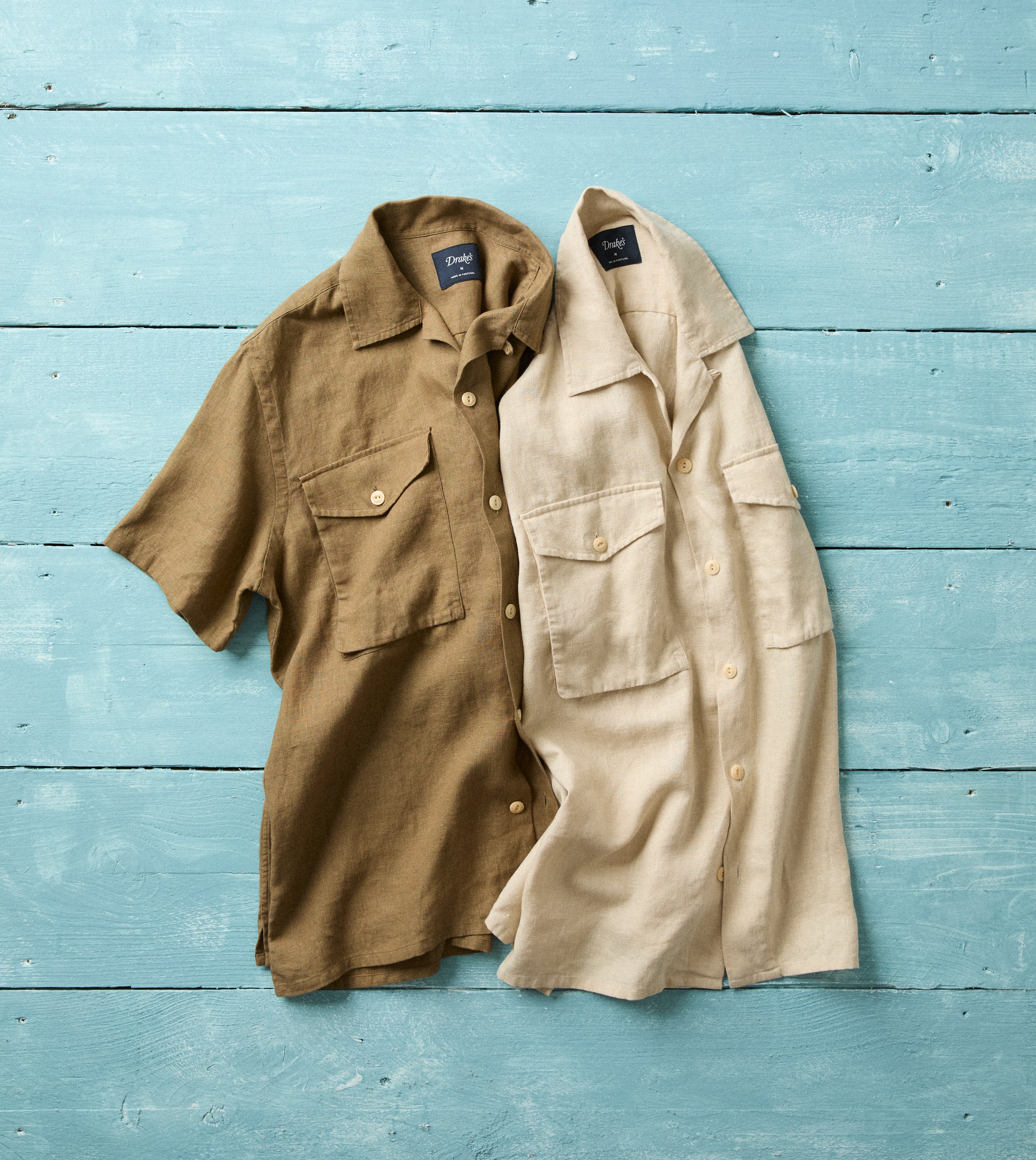 Ecru Linen Short Sleeve Camp Collar Military Shirt