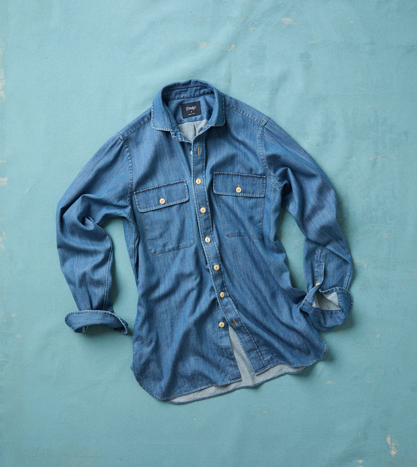 Stone Wash Denim Club Collar Work Shirt