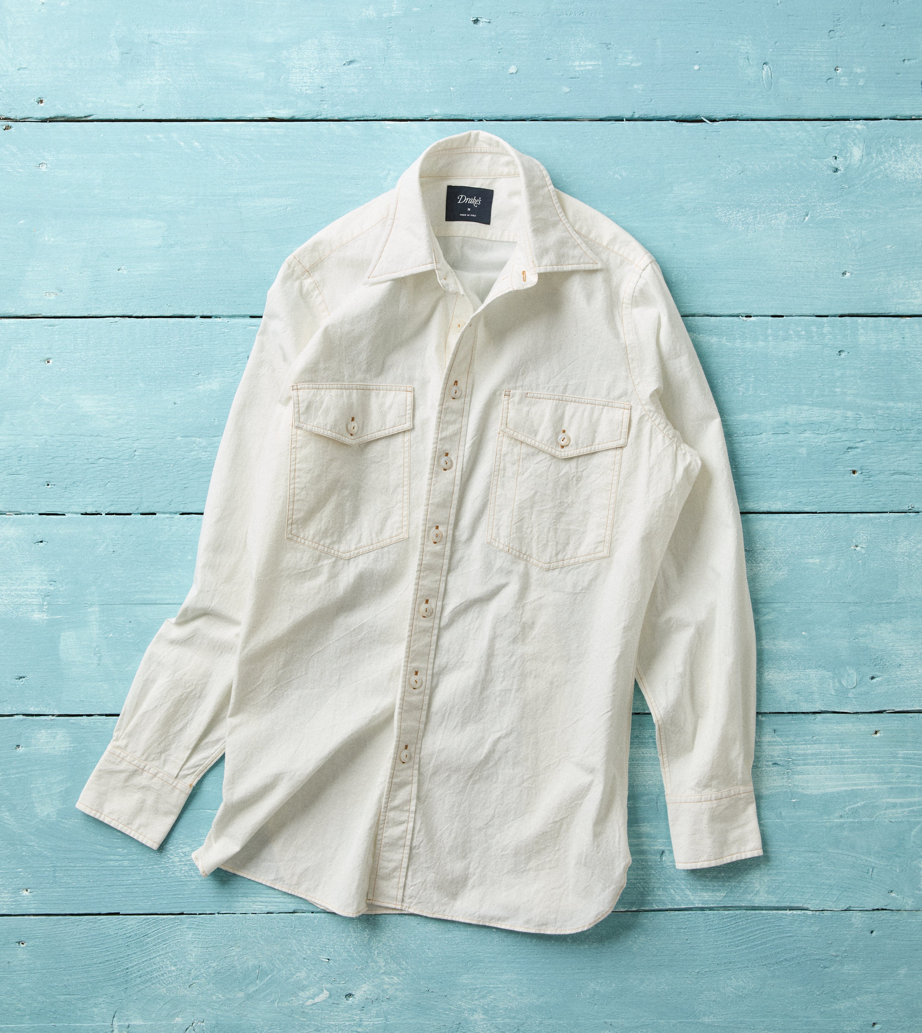 かつこ様　LENO DOUBLE POCKETS SHIRTS [UNISEX] White Cotton-Linen Two-Pocket Work Shirt – Drakes US