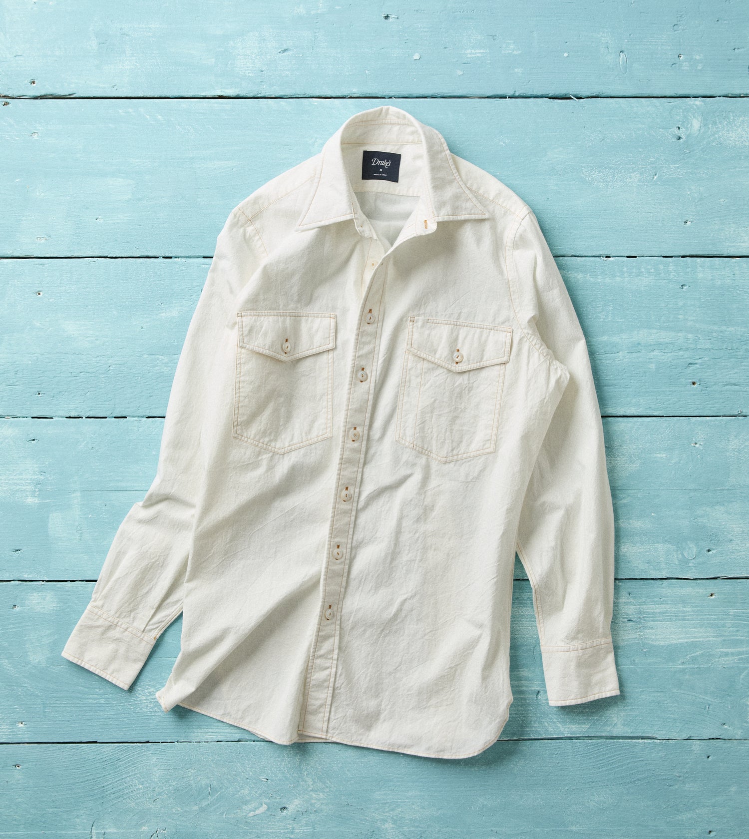 White Cotton-Linen Two-Pocket Work Shirt
