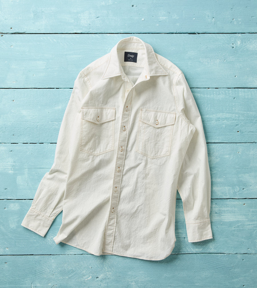 White Cotton-Linen Two-Pocket Work Shirt