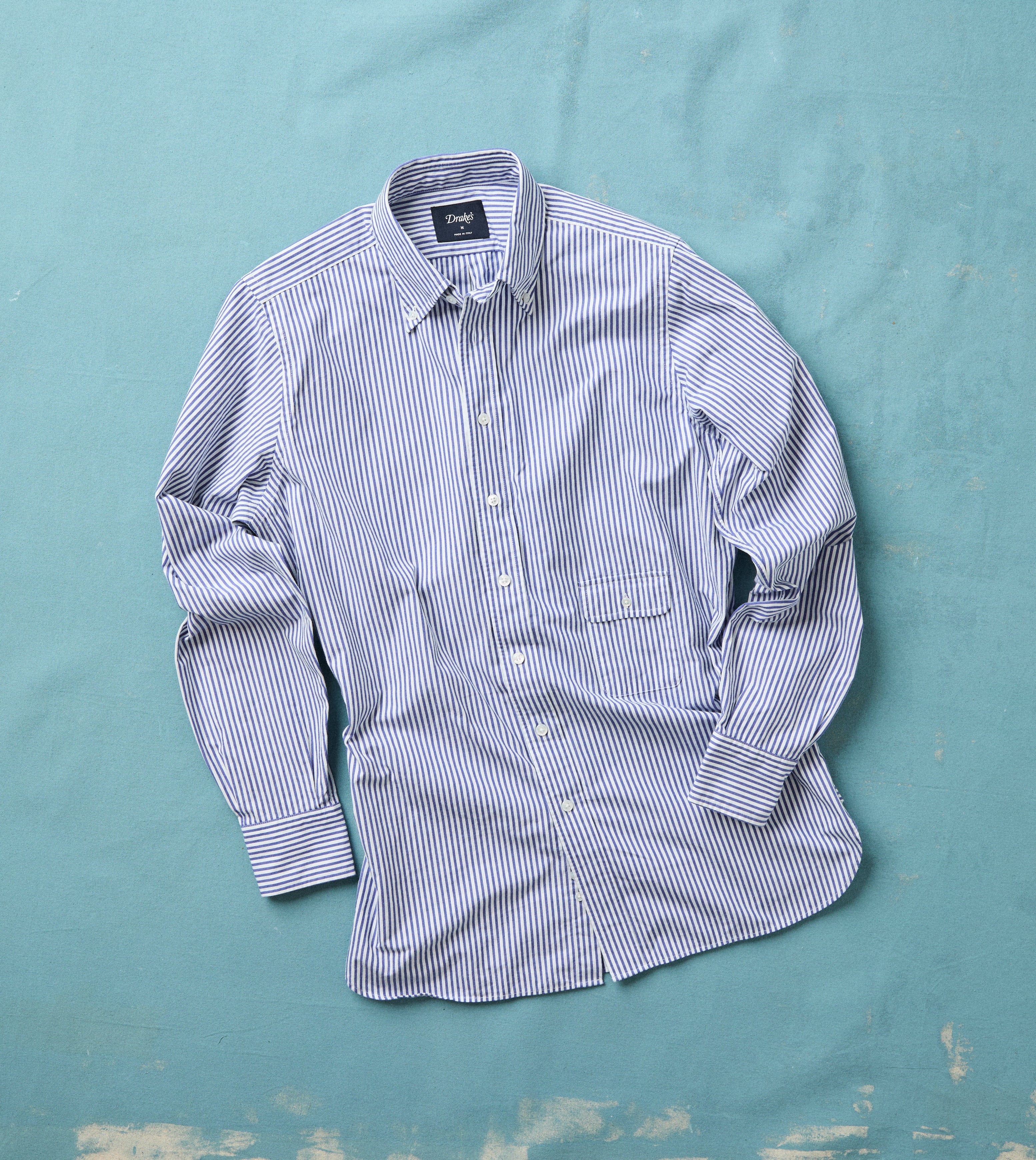 Blue and White Stripe Button-Down Collar Fob Pocket Shirt