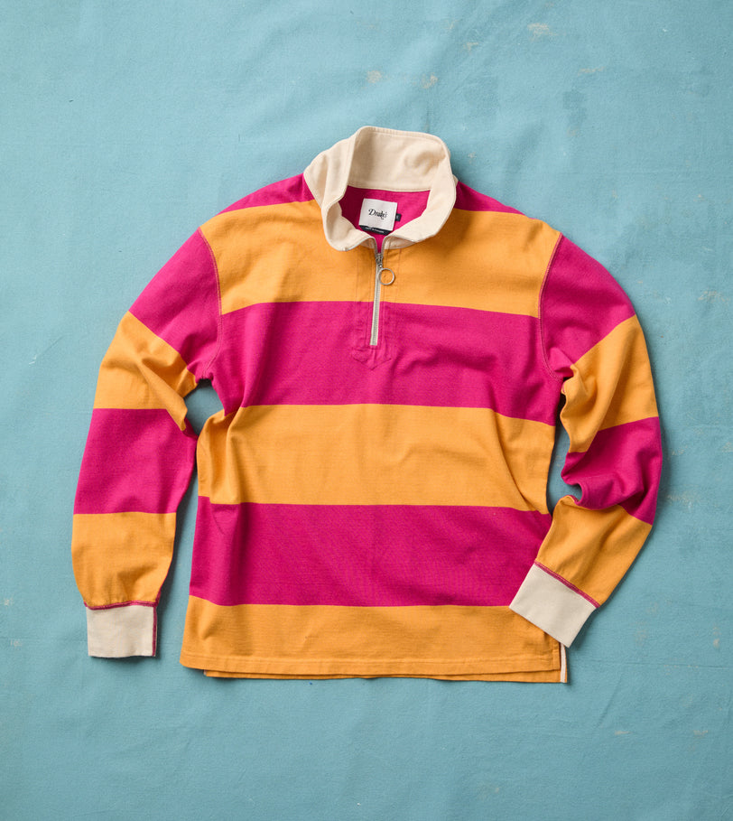 Pink and Orange Block Stripe Cotton Quarter Zip Rugby Shirt